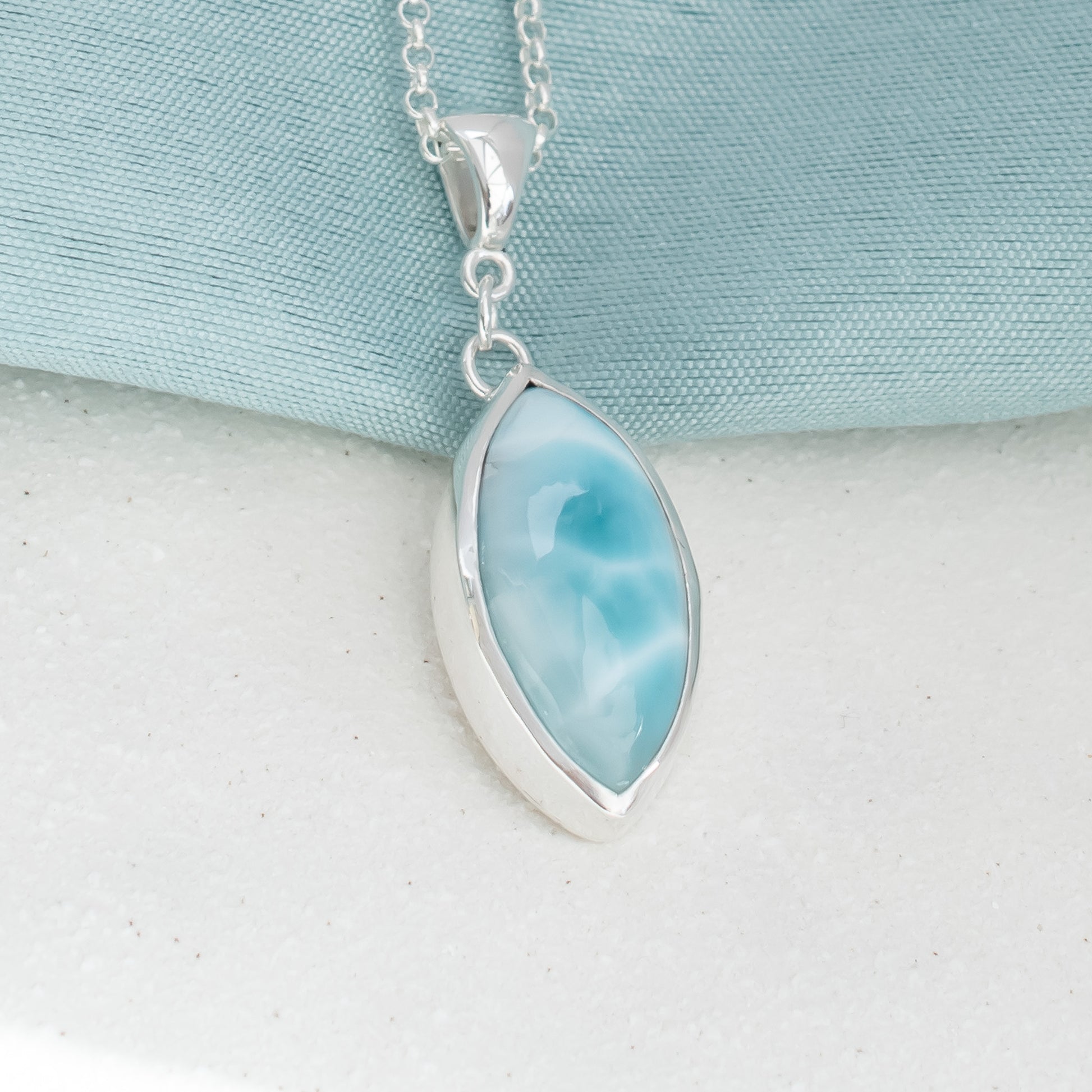 Dominican Larimar Pendant in Argentium Silver, Marquise, One of a Kind