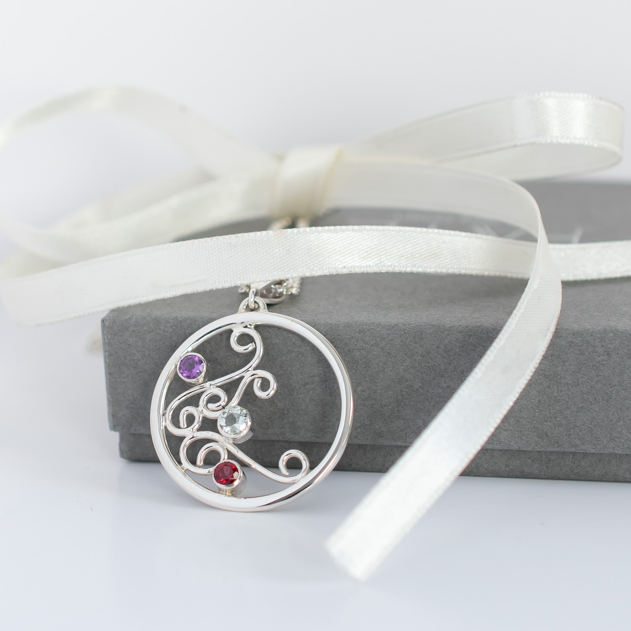 'Spring' Sterling Silver Circle Necklace with Prasiolite, Amethyst & Garnet