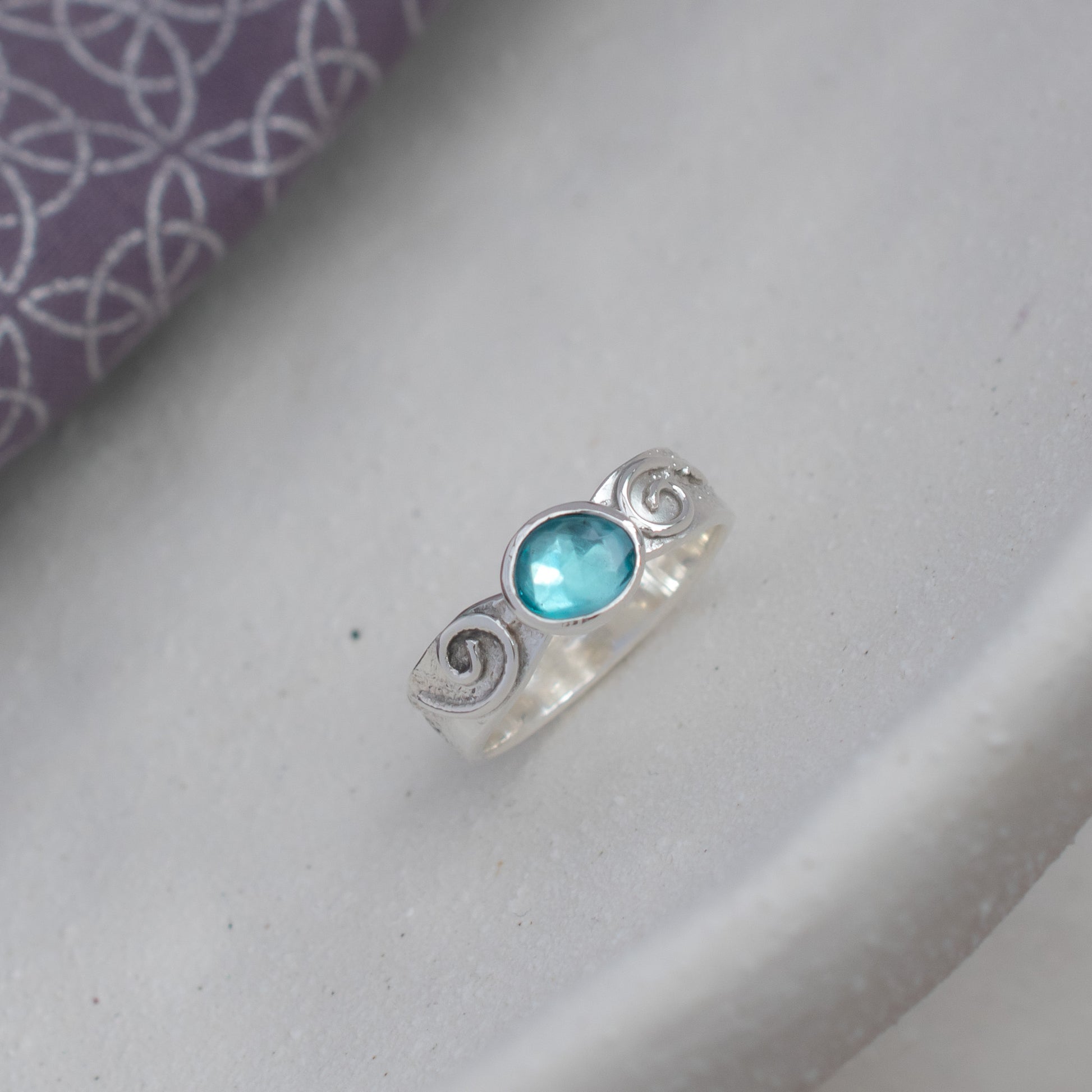 Blue Apatite Ring in Textured Sterling Silver Swirl band, UK Size Q ½