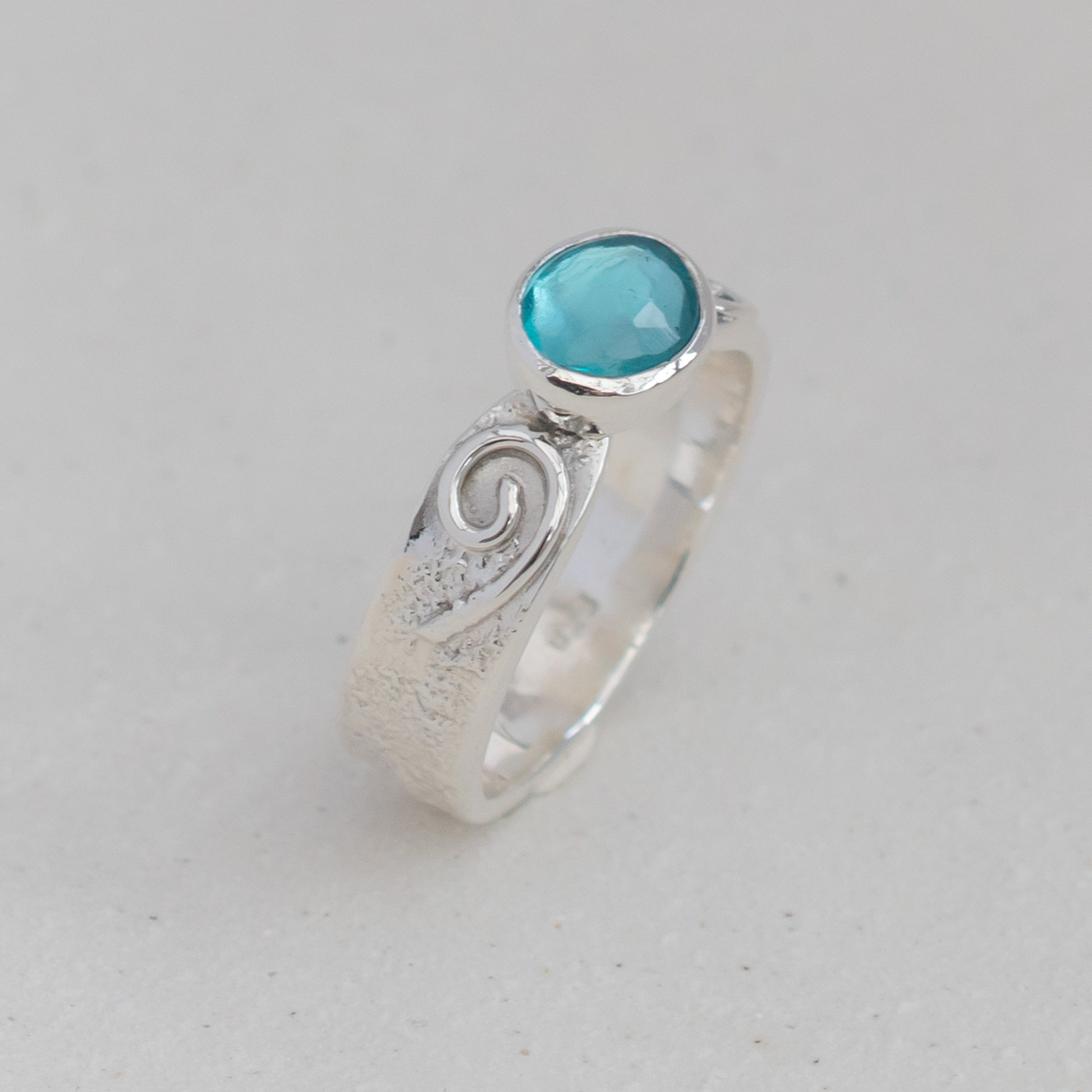 Blue Apatite Ring in Textured Sterling Silver Swirl band, UK Size Q ½