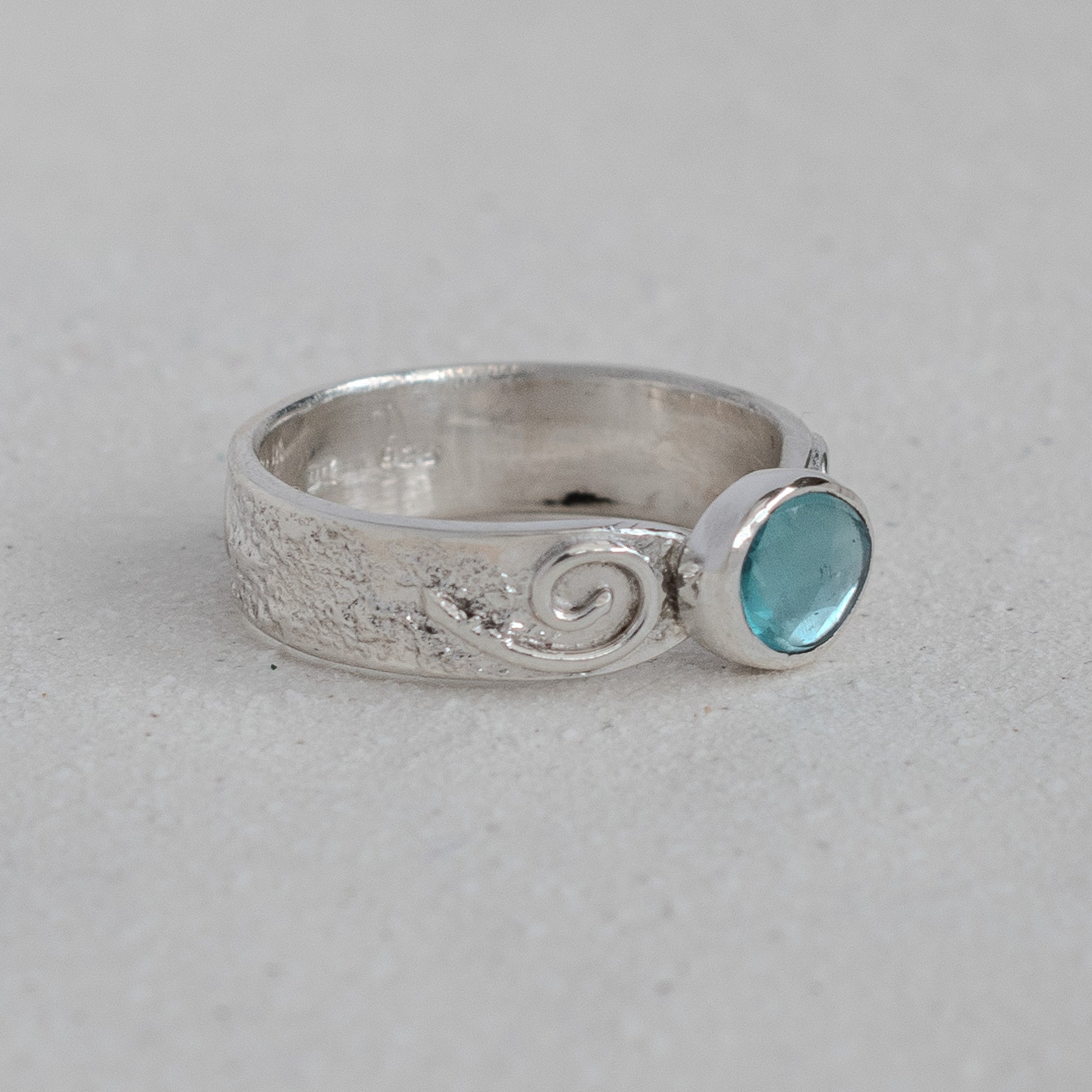 Blue Apatite Ring in Textured Sterling Silver Swirl band, UK Size Q ½