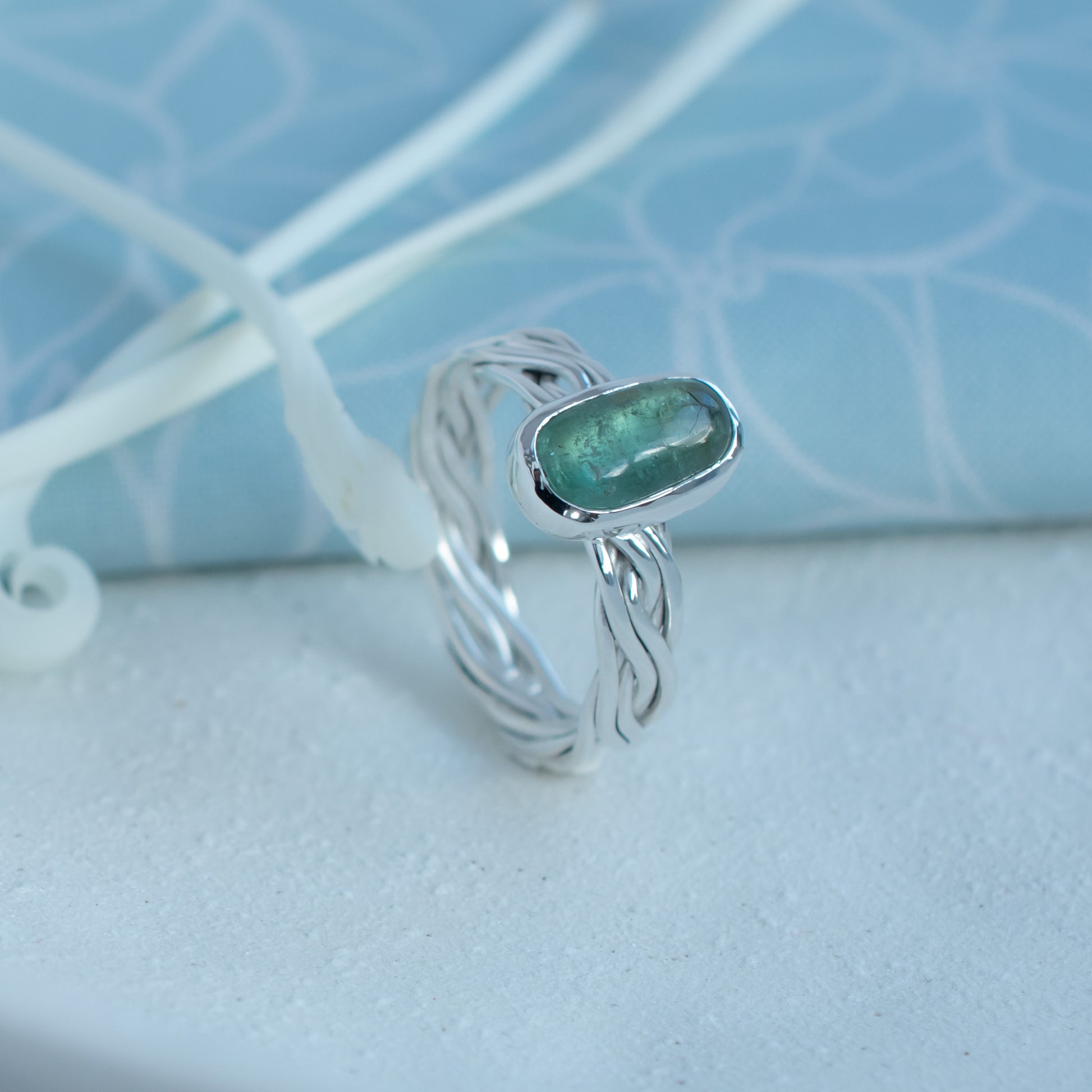 Mint Green Tourmaline Woven Argentium Silver Ring, One of a Kind, Size Q