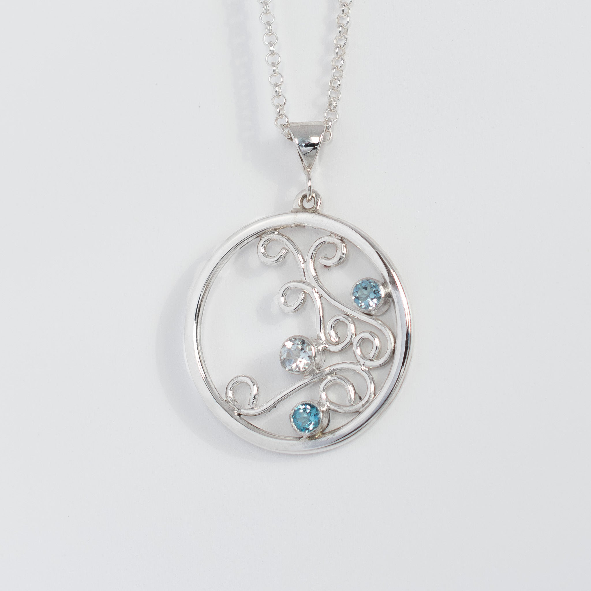 'Winters Deep' Argentium Silver Swirl Pendant  Aquamarine, Apatite & Topaz Gemstones