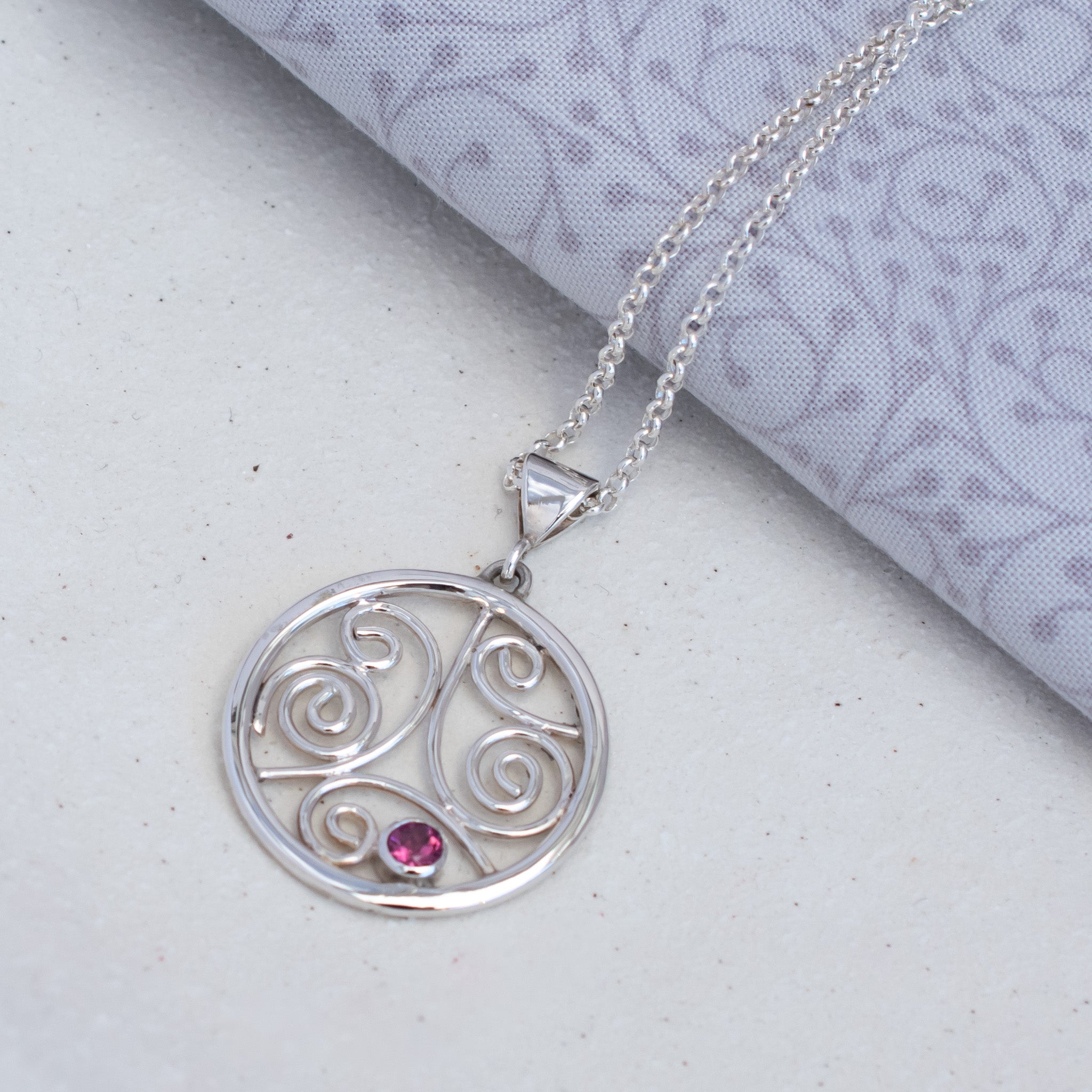 'Love' Celtic Circle Pendant with Pink Garnet & Silver Swirls