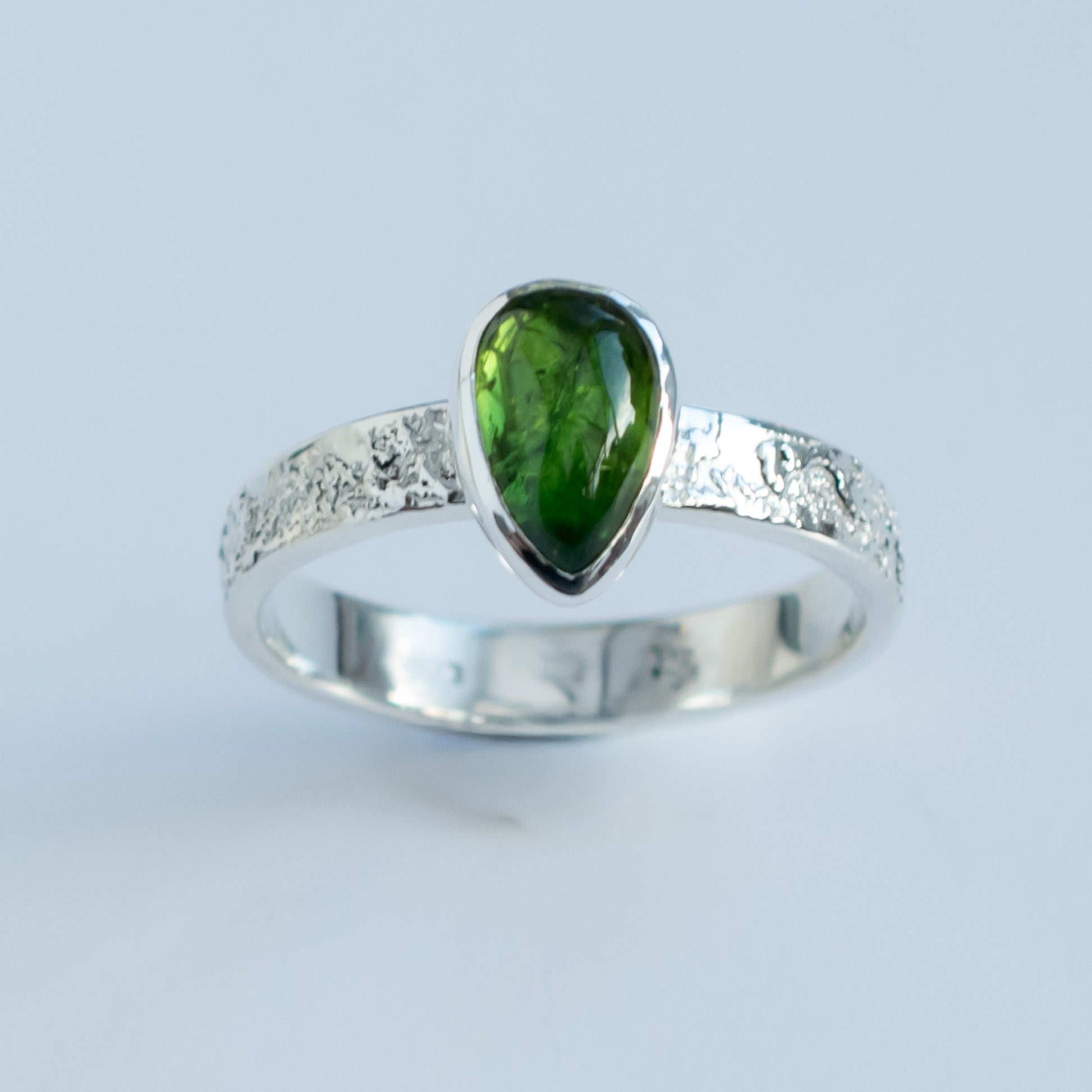 One of a Kind Green Tourmaline Ring in Argentium Silver – Size T