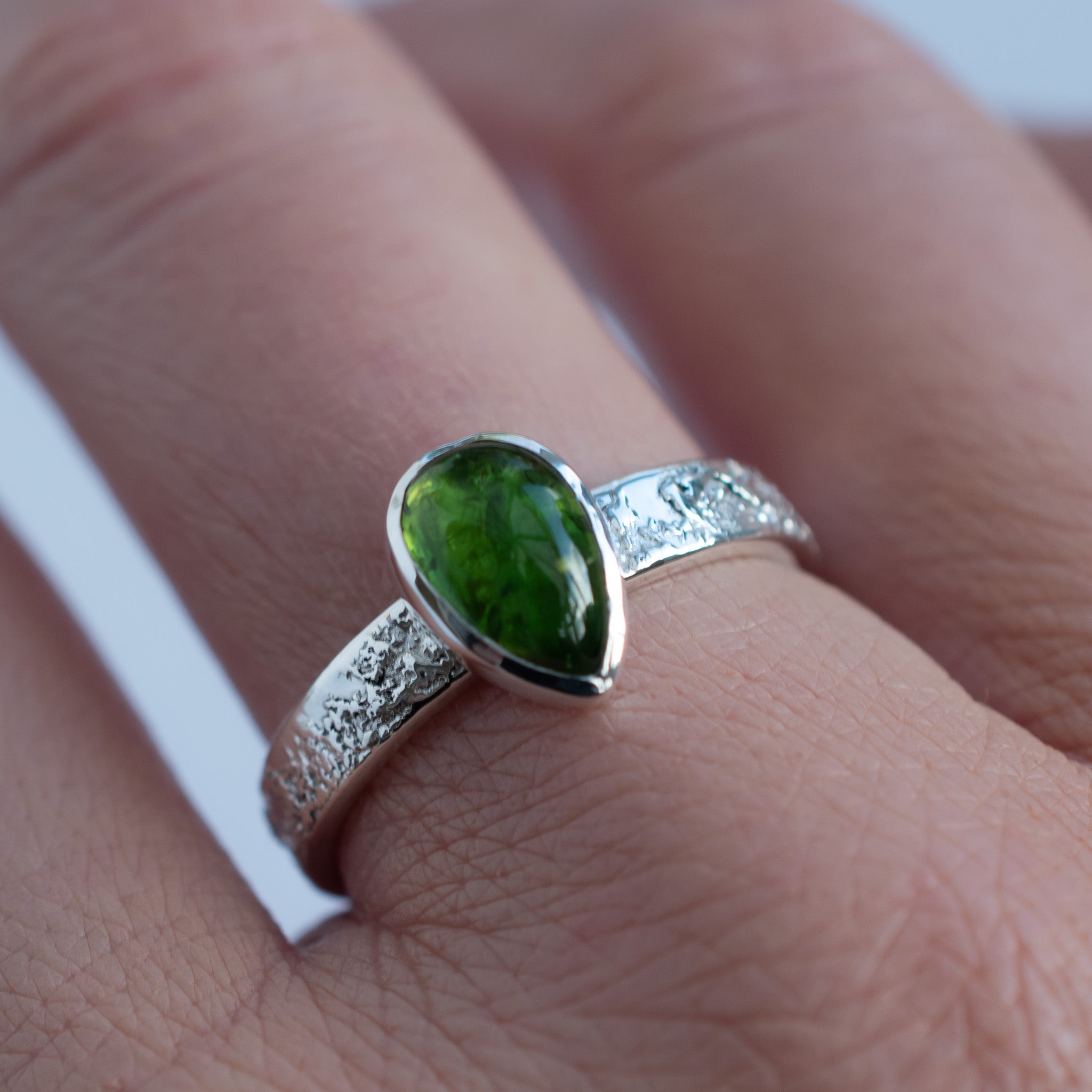 One of a Kind Green Tourmaline Ring in Argentium Silver – Size T