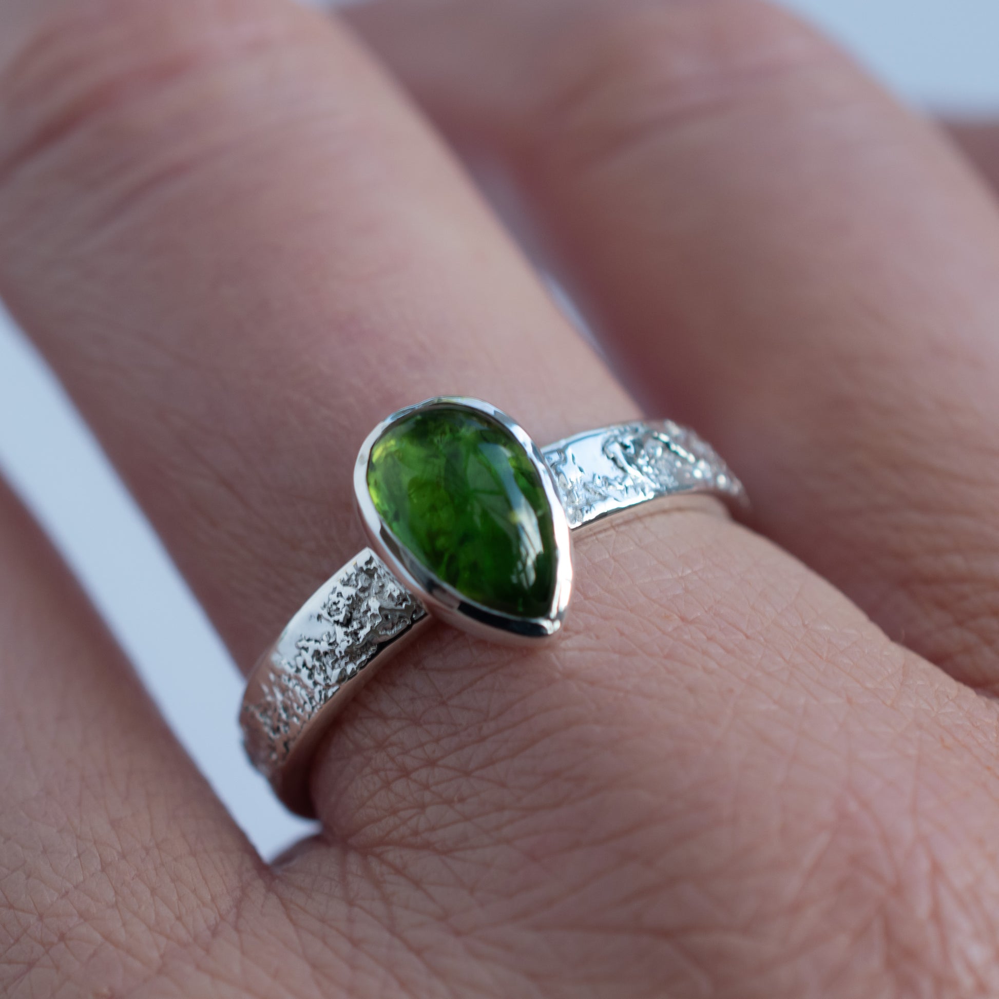 One of a Kind Green Tourmaline Ring in Argentium Silver – Size T