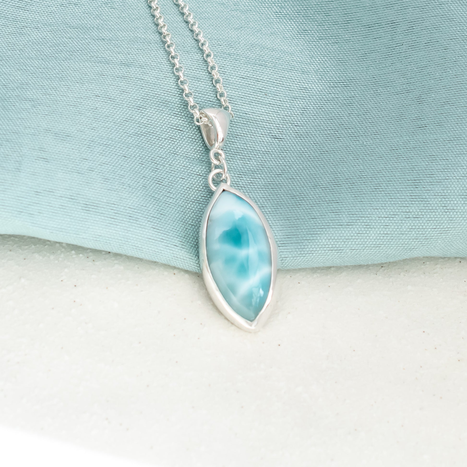 Dominican Larimar Pendant in Argentium Silver, Marquise, One of a Kind