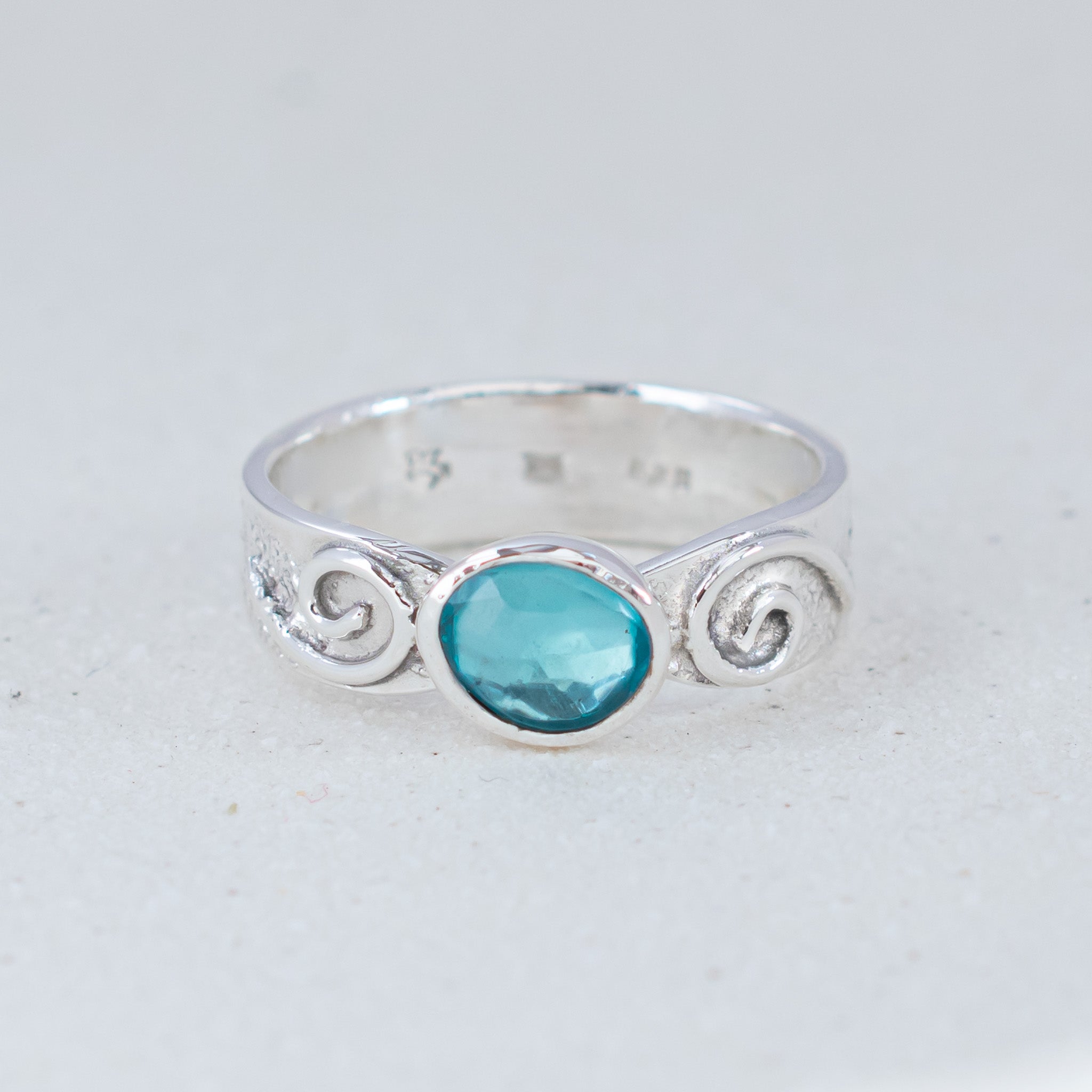 Blue Apatite Ring in Textured Sterling Silver Swirl band, UK Size Q ½