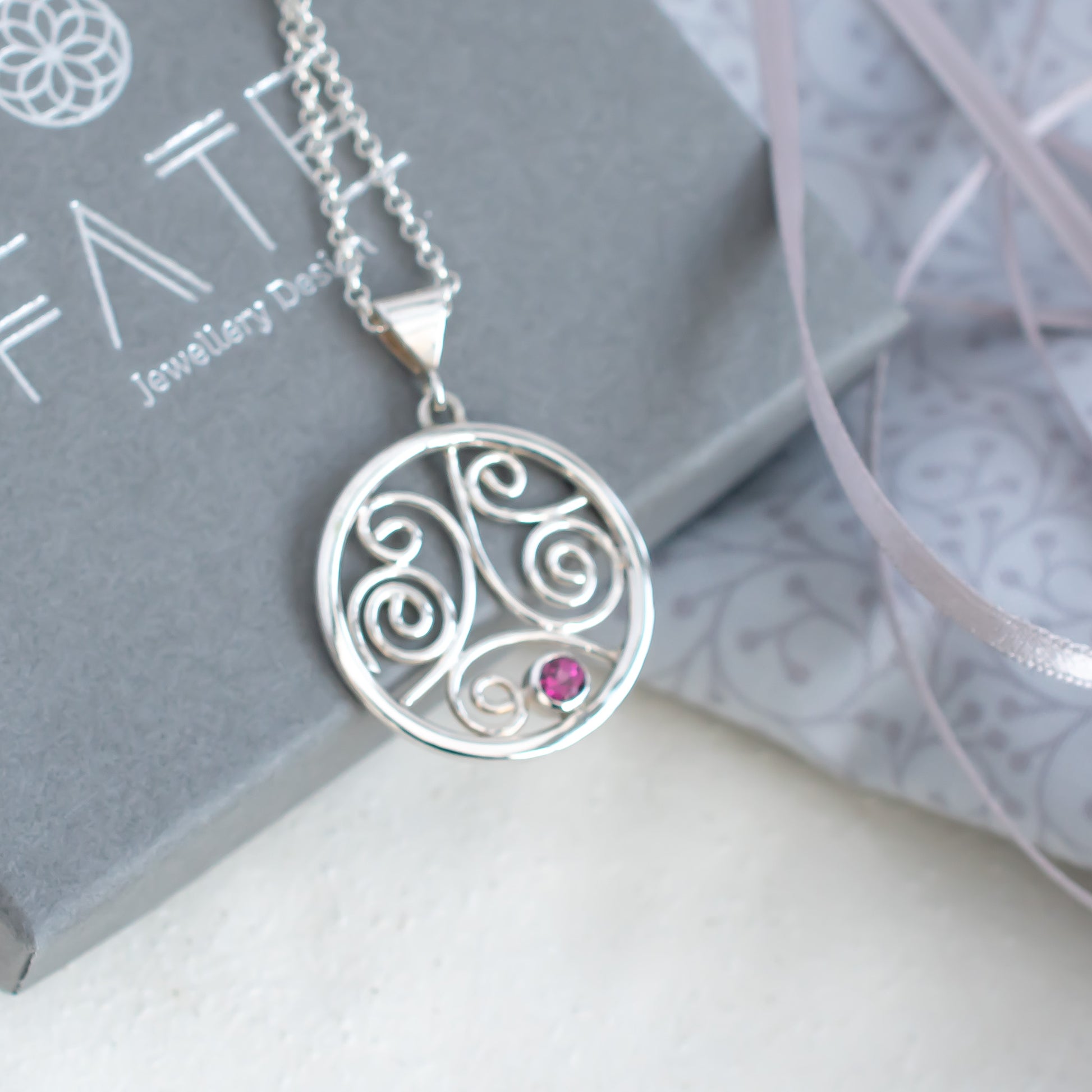 'Love' Celtic Circle Pendant with Pink Garnet & Silver Swirls