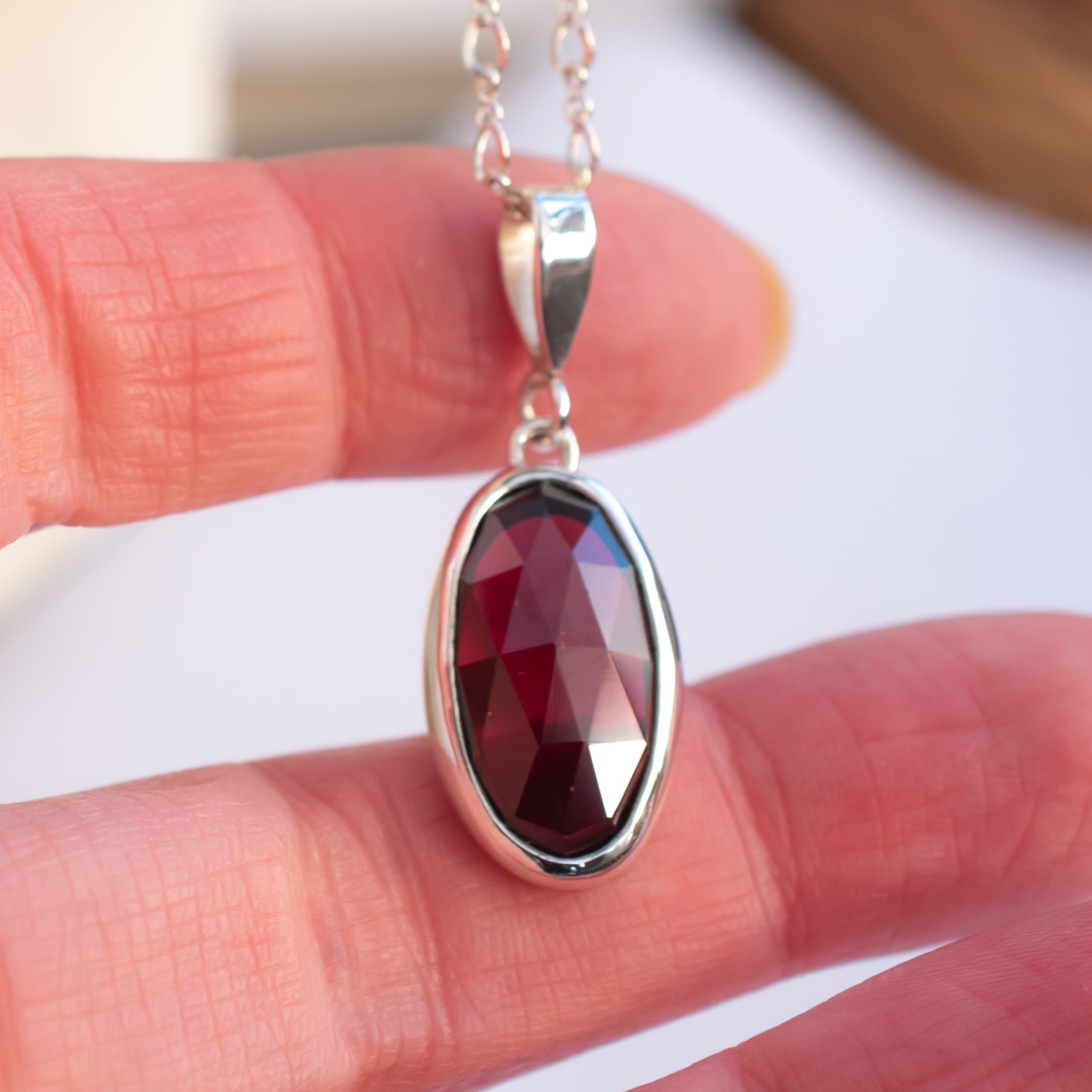 Argentium Silver Pendant with Garnet & Figure of Eight Chain