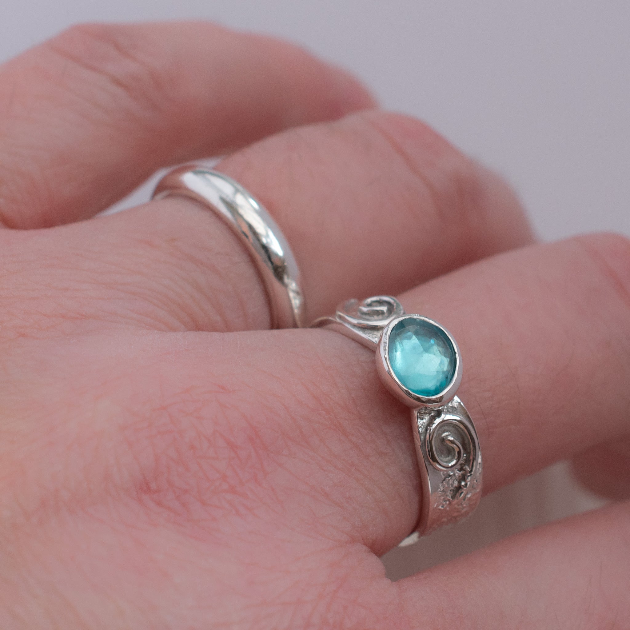 Blue Apatite Ring in Textured Sterling Silver Swirl band, UK Size Q ½