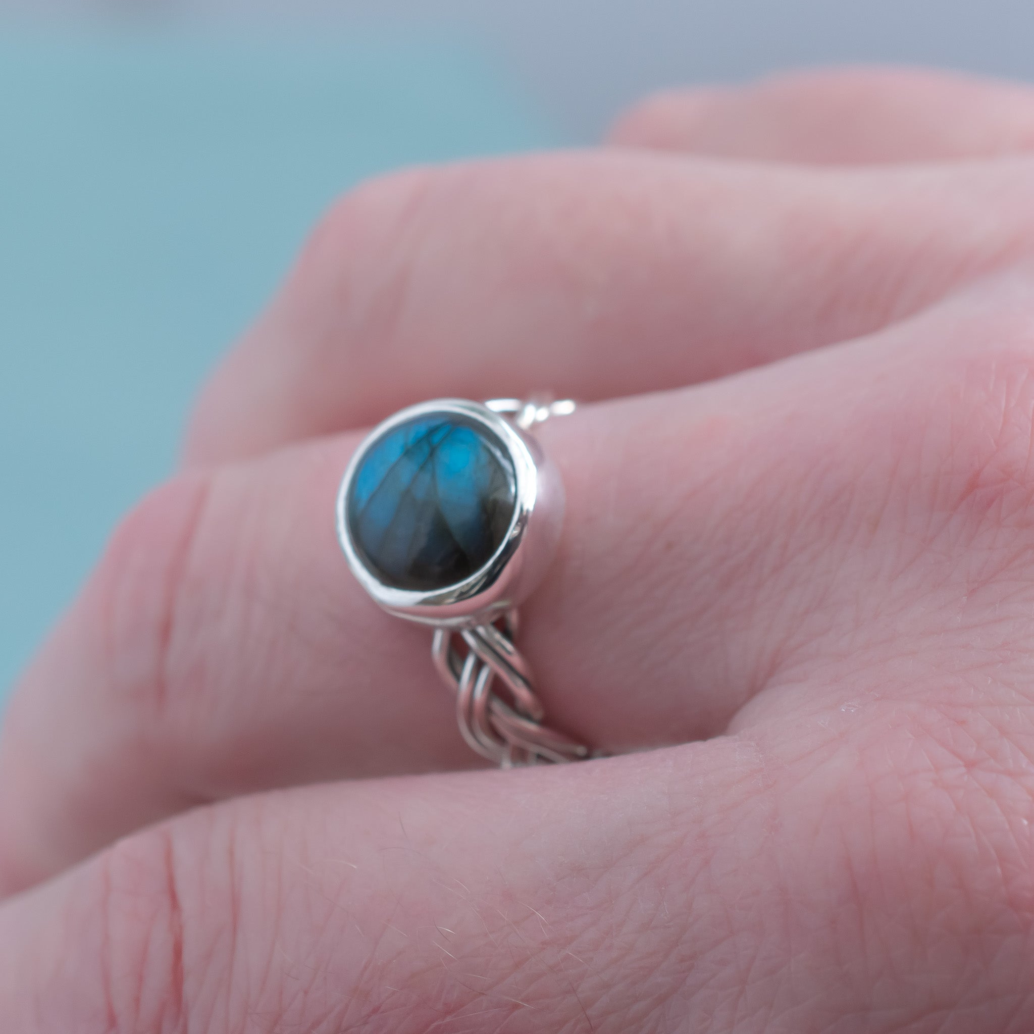 Celtic Braided Ring Band,  Blue Labradorite, UK Size Q