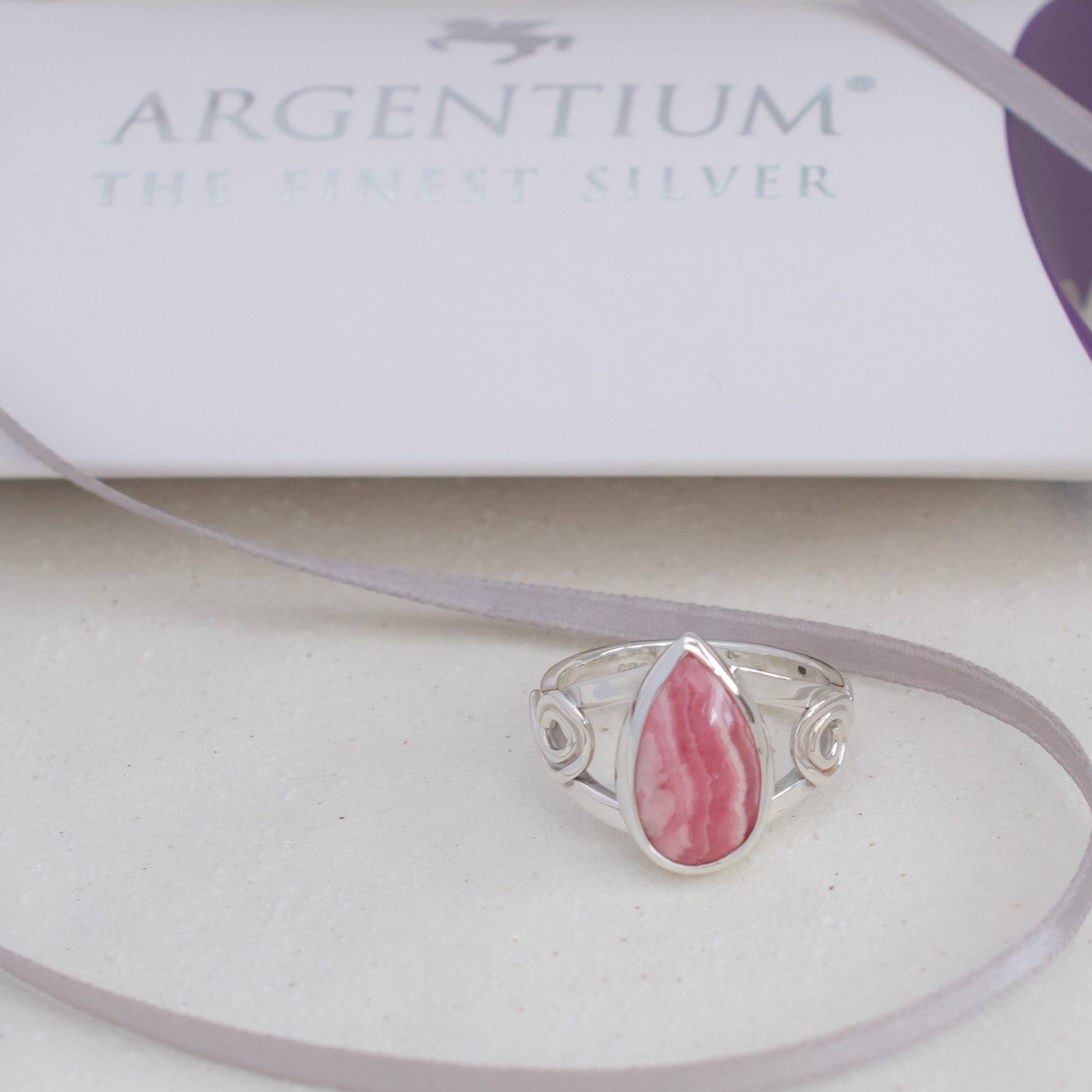 Rhodochrosite Ring in Celtic Swirl Argentium Silver band, UK size O ½