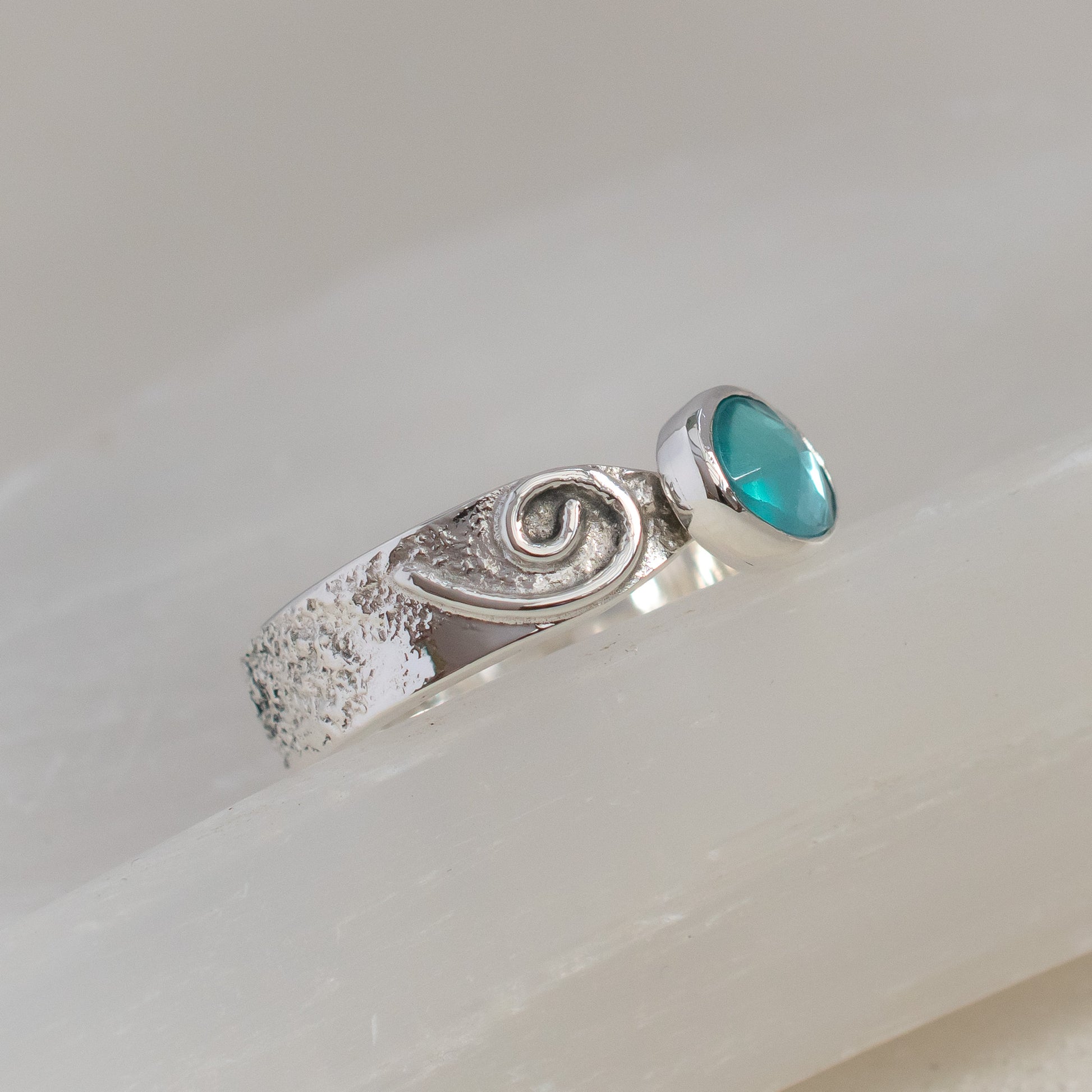 Blue Apatite Ring in Textured Sterling Silver Swirl band, UK Size Q ½