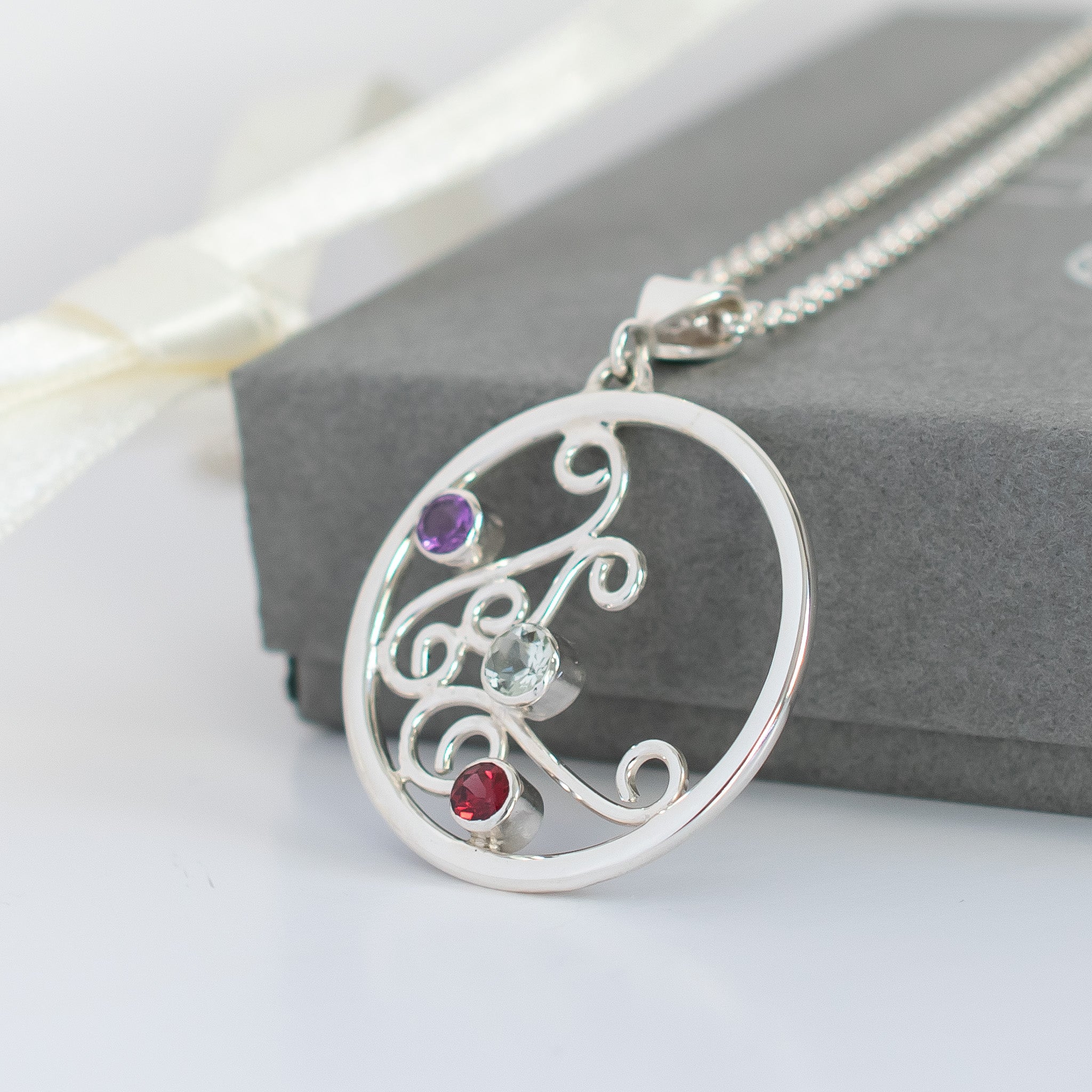'Spring' Sterling Silver Circle Necklace with Prasiolite, Amethyst & Garnet