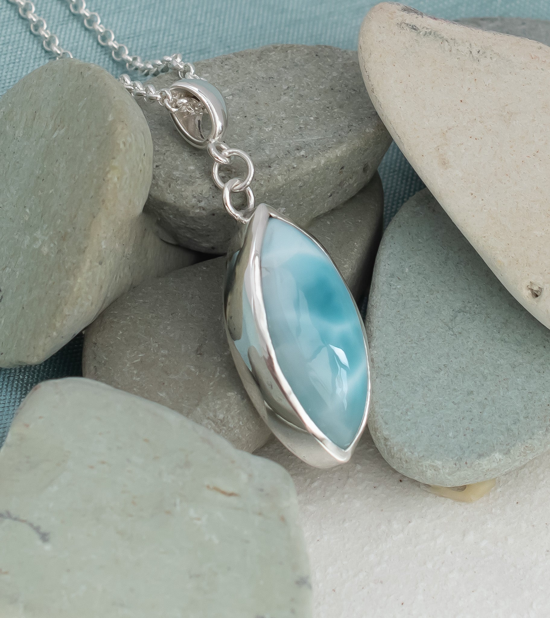 Dominican Larimar Pendant in Argentium Silver, Marquise, One of a Kind