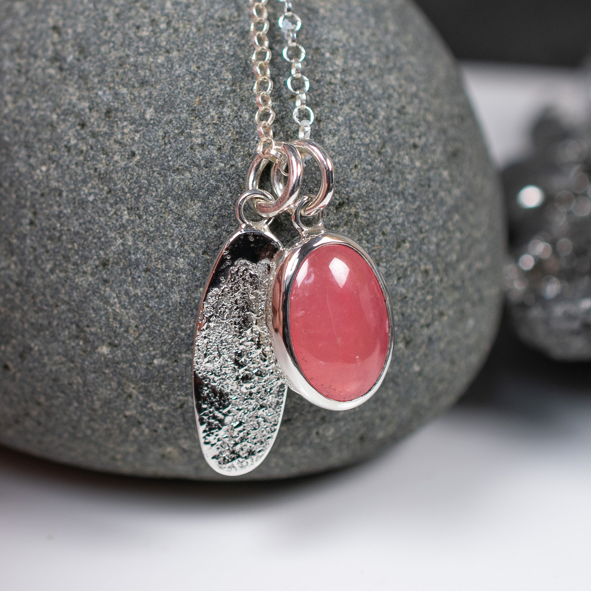 Argentium Silver Charm Necklace with Pink Rhodochrosite