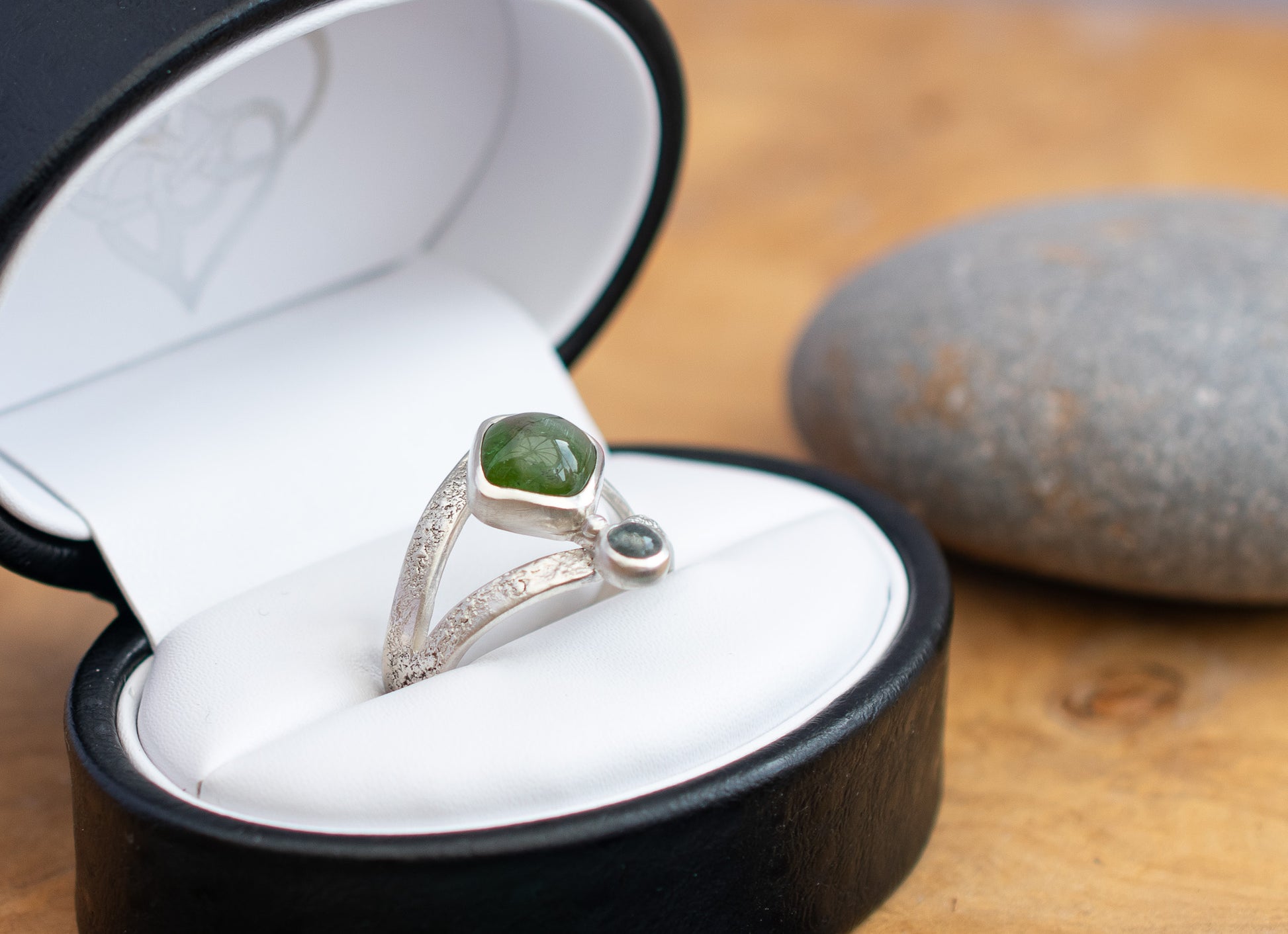 Green Tourmaline & Aquamarine Ring in textured Sterling Silver, UK Size Q1/2