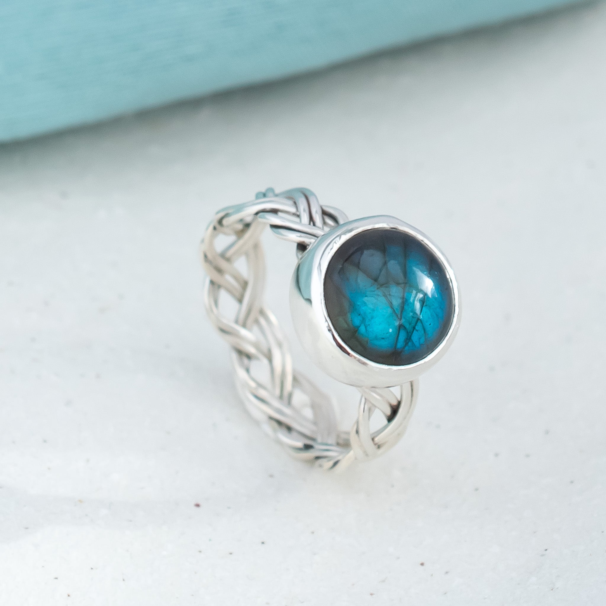 Celtic Braided Ring Band,  Blue Labradorite, UK Size Q