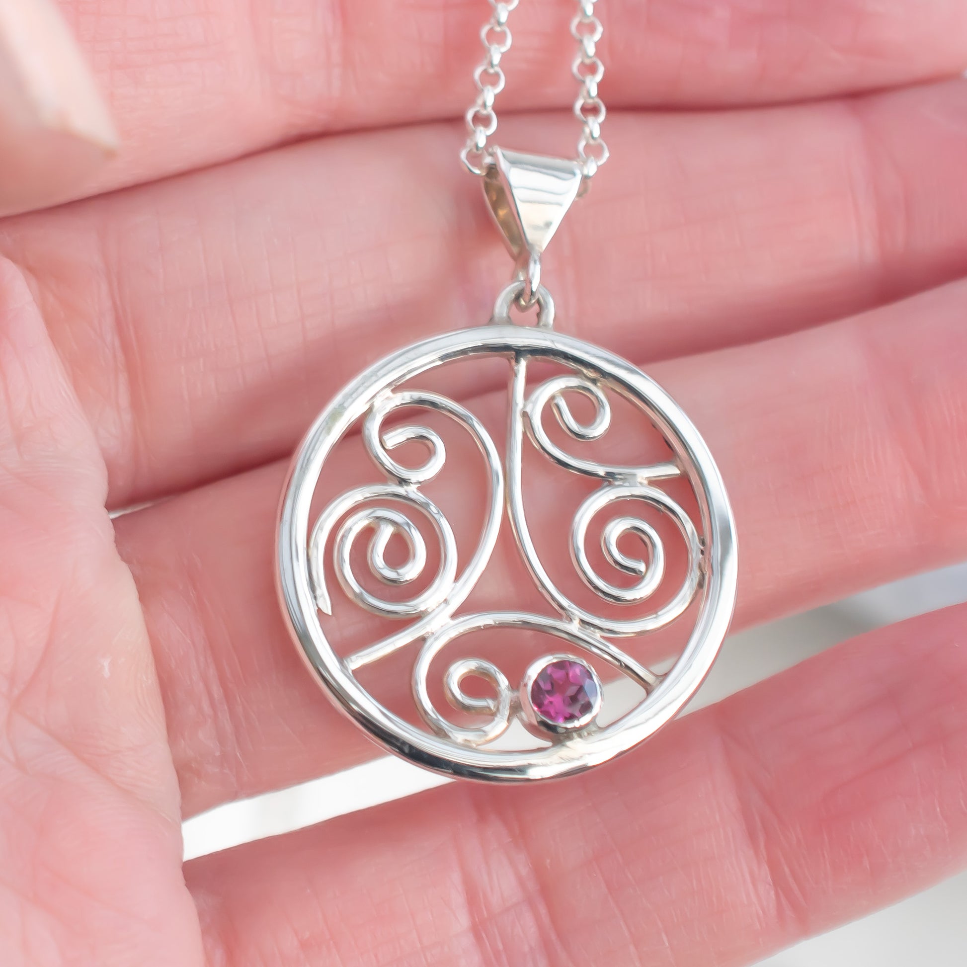 'Love' Celtic Circle Pendant with Pink Garnet & Silver Swirls