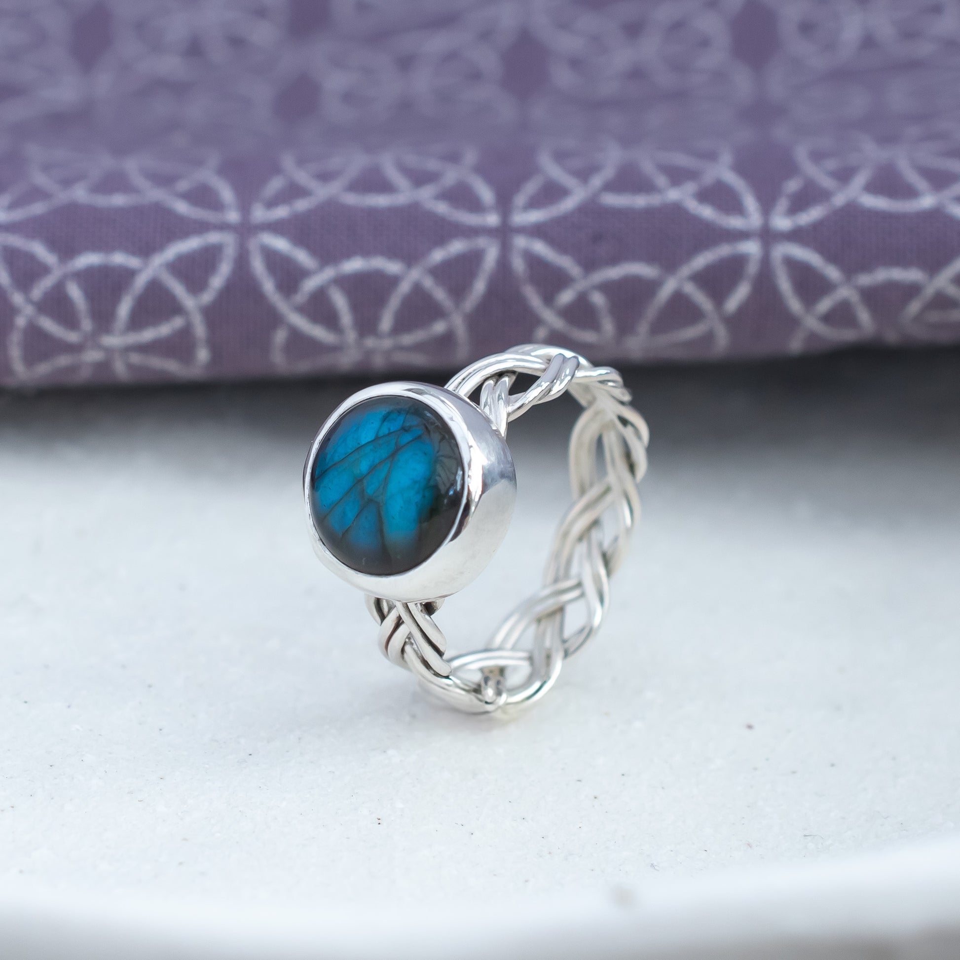 Celtic Braided Ring Band,  Blue Labradorite, UK Size Q