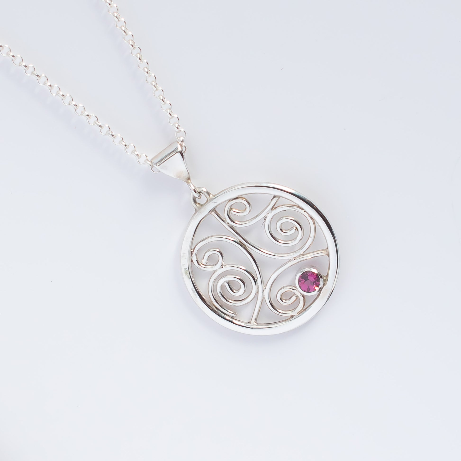'Love' Celtic Circle Pendant with Pink Garnet & Silver Swirls