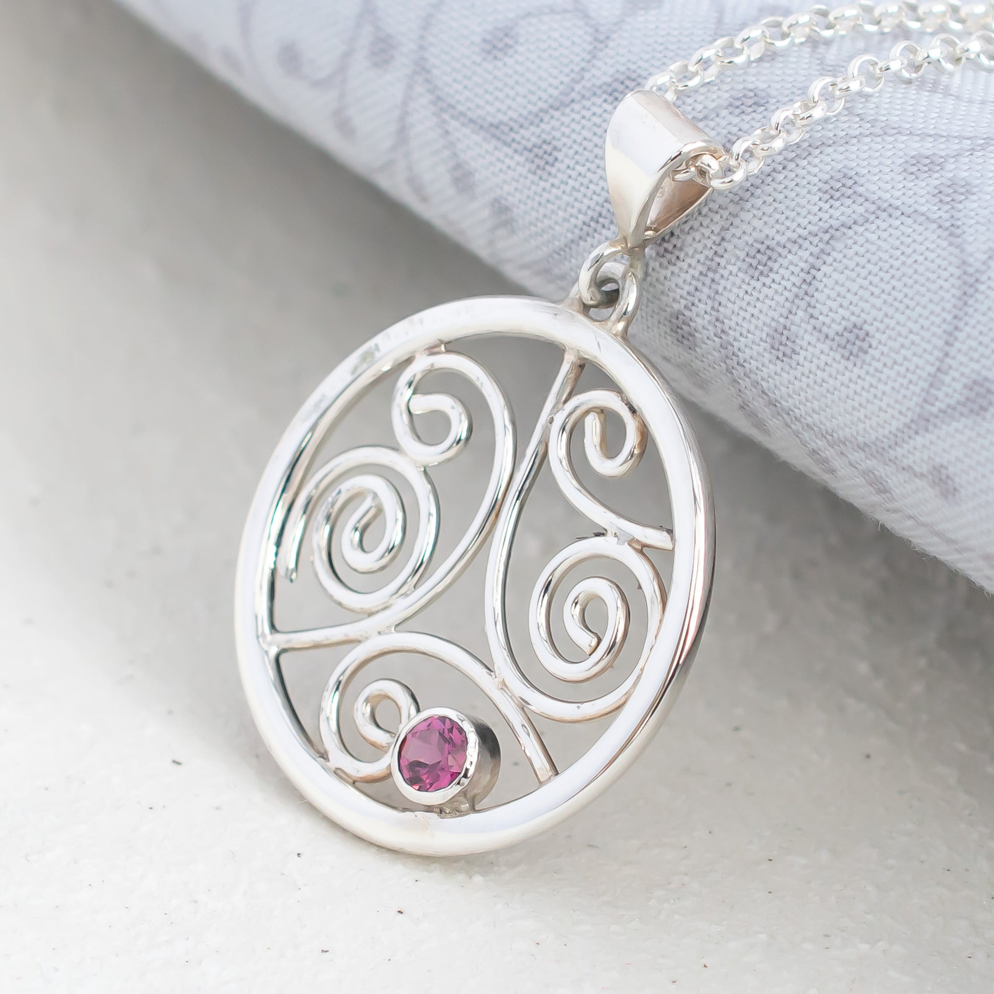 'Love' Celtic Circle Pendant with Pink Garnet & Silver Swirls