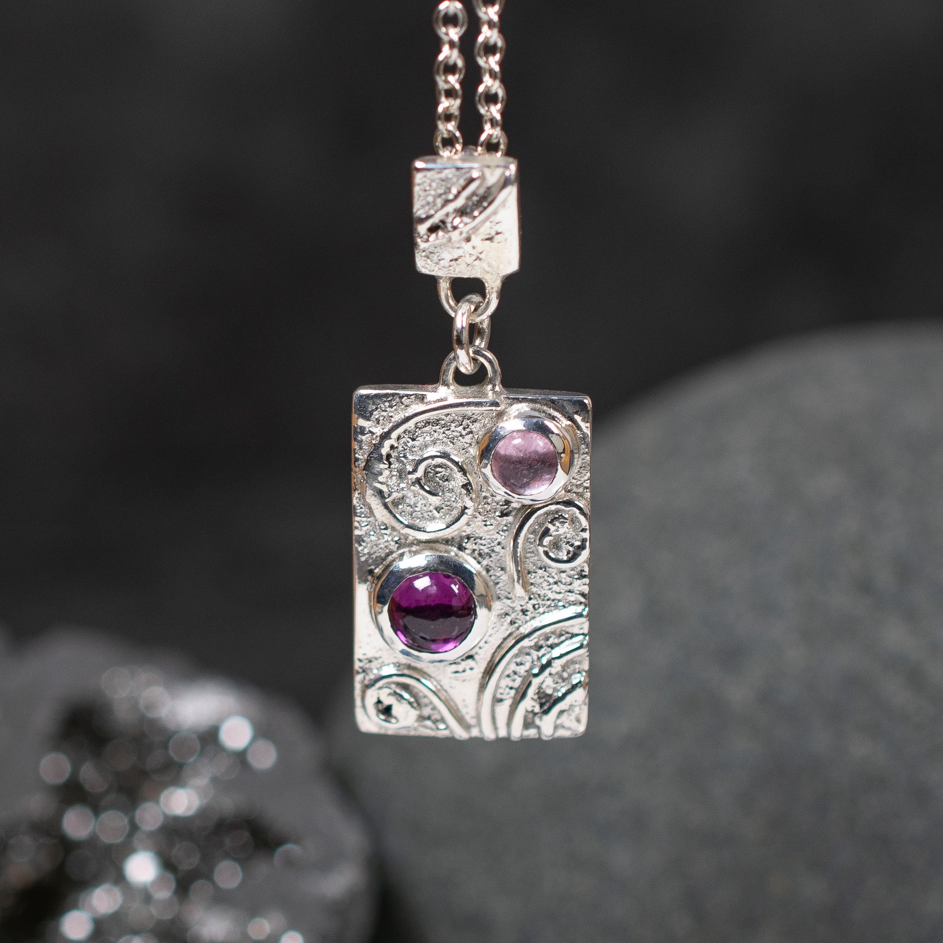 Pink Tourmaline & Argentium Silver Swirl Tile Necklace – One of a Kind