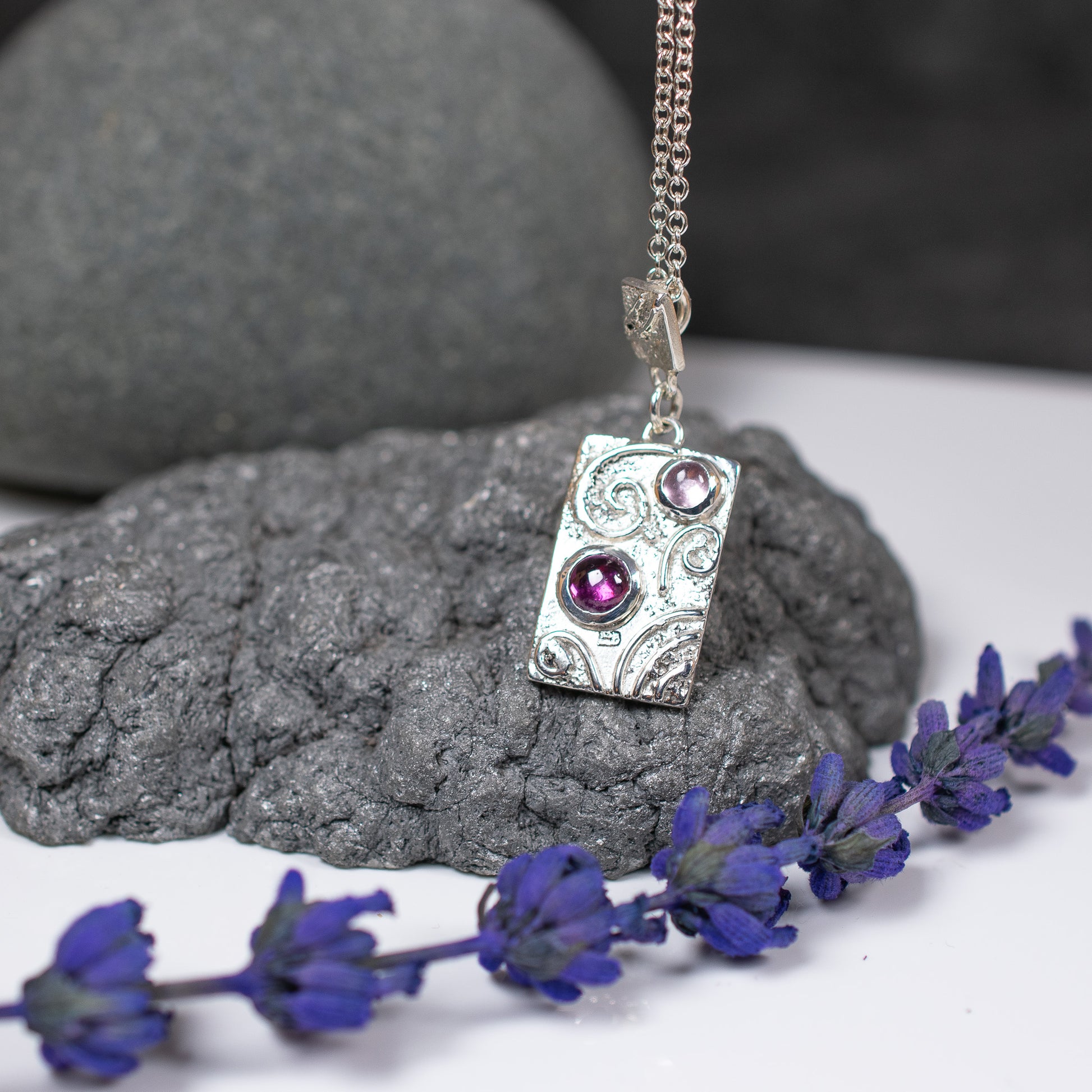 Pink Tourmaline & Argentium Silver Swirl Tile Necklace – One of a Kind