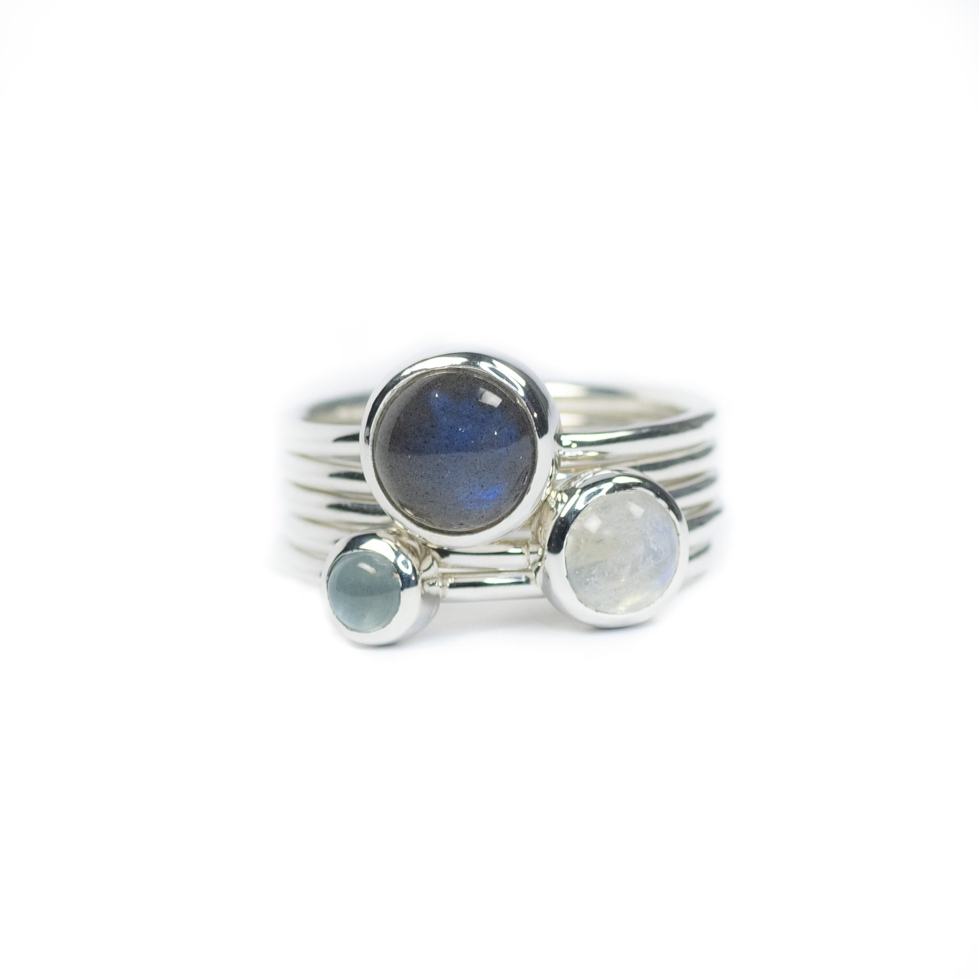 Silver Cloud: Aquamarine, Labradorite & Moonstone Stacking Ring Set, Argentium Silver