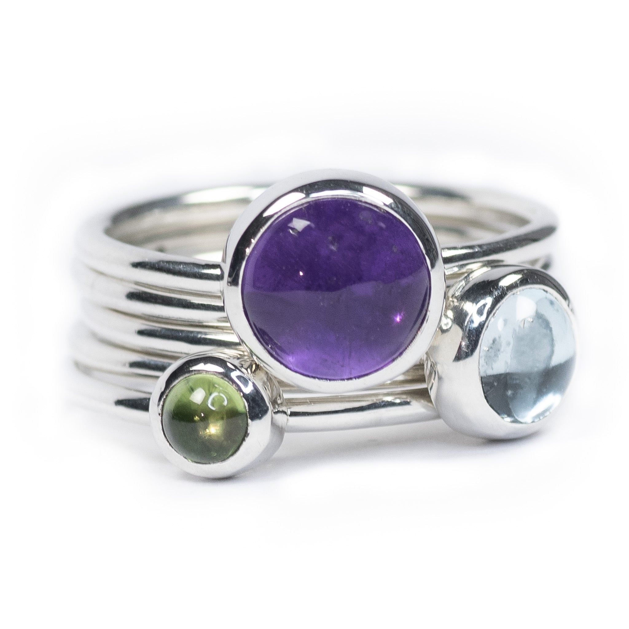 Silver Glade: Amethyst, Blue Topaz & Peridot Stacking Ring Set, Argentium Silver