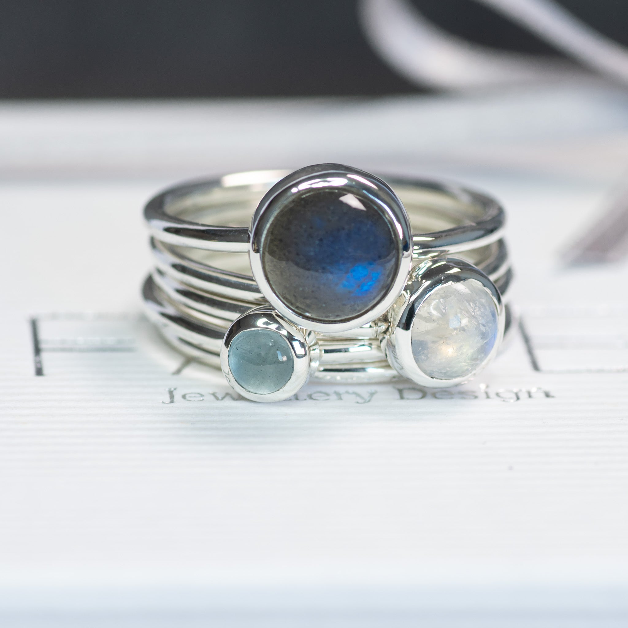 Silver Cloud: Aquamarine, Labradorite & Moonstone Stacking Ring Set, Argentium Silver
