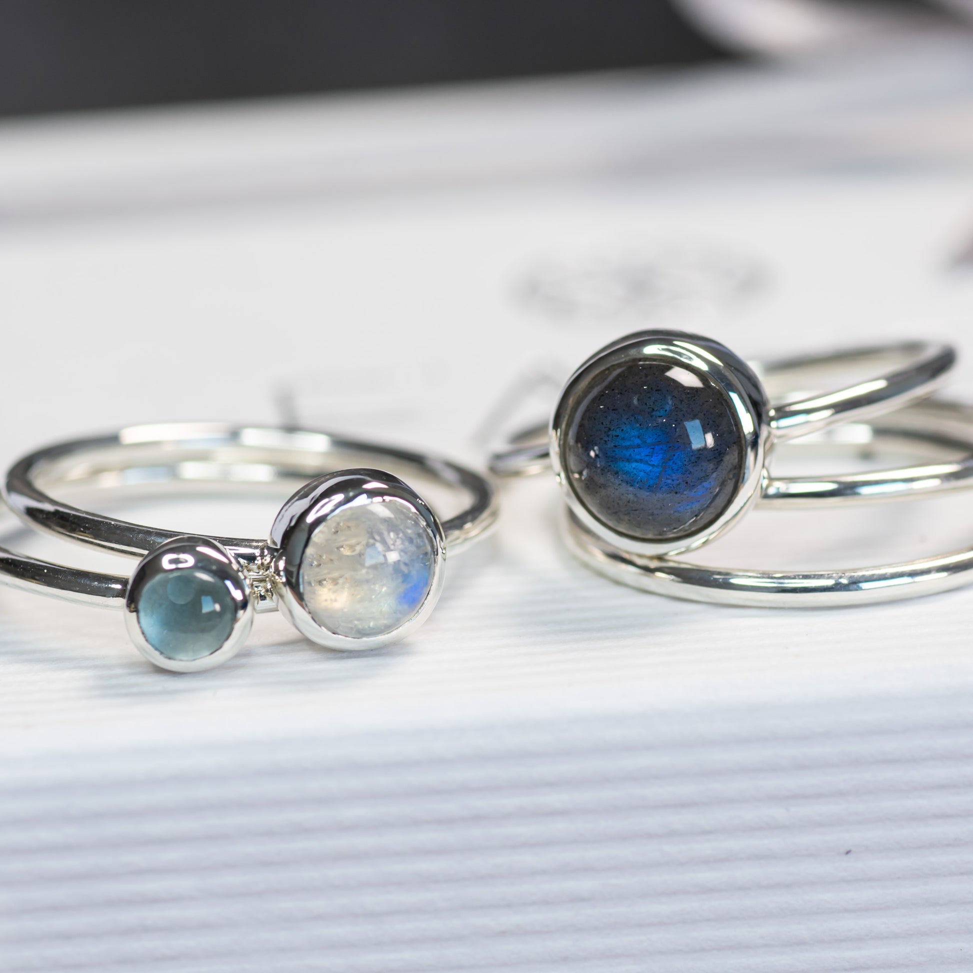 Silver Cloud: Aquamarine, Labradorite & Moonstone Stacking Ring Set, Argentium Silver