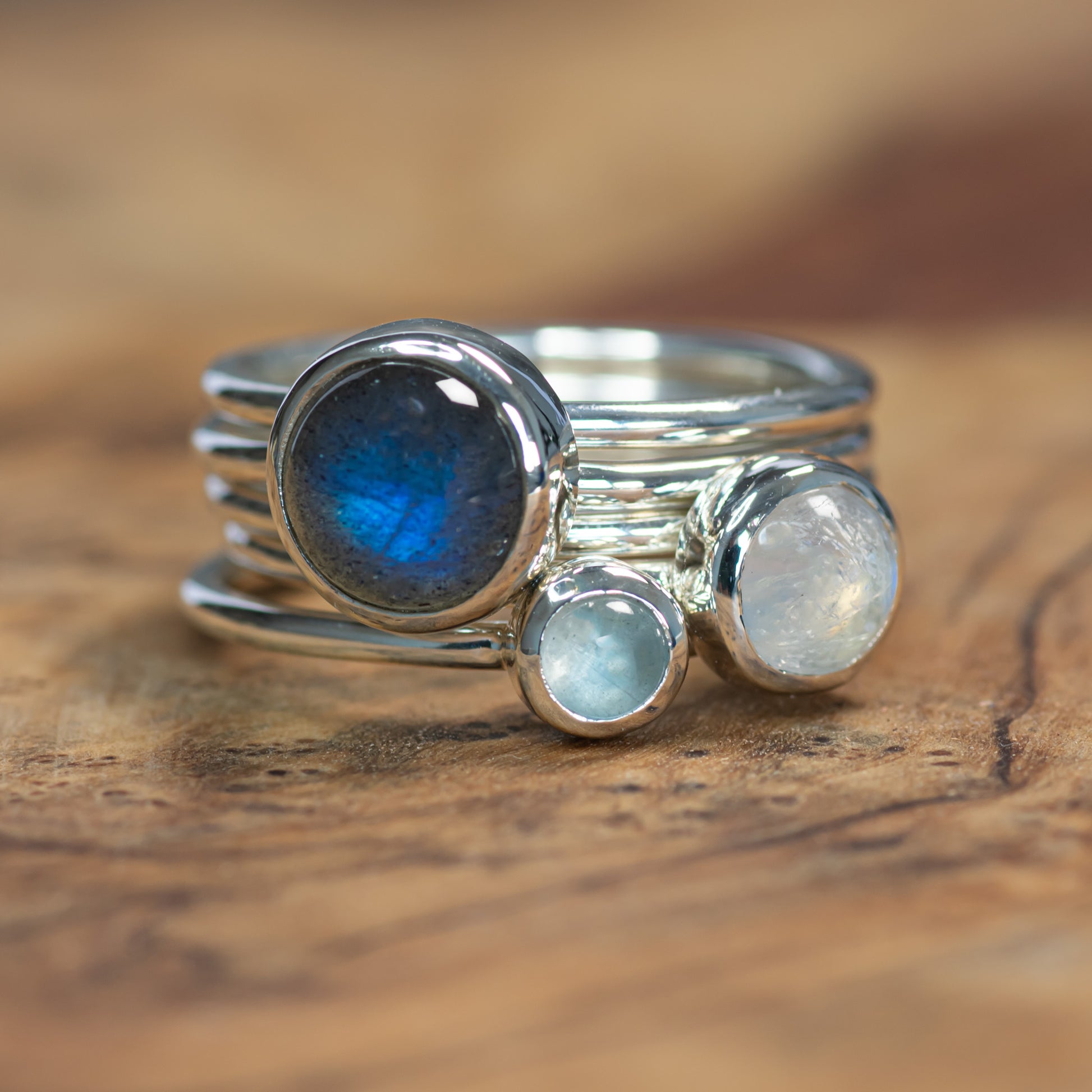 Silver Cloud: Aquamarine, Labradorite & Moonstone Stacking Ring Set, Argentium Silver