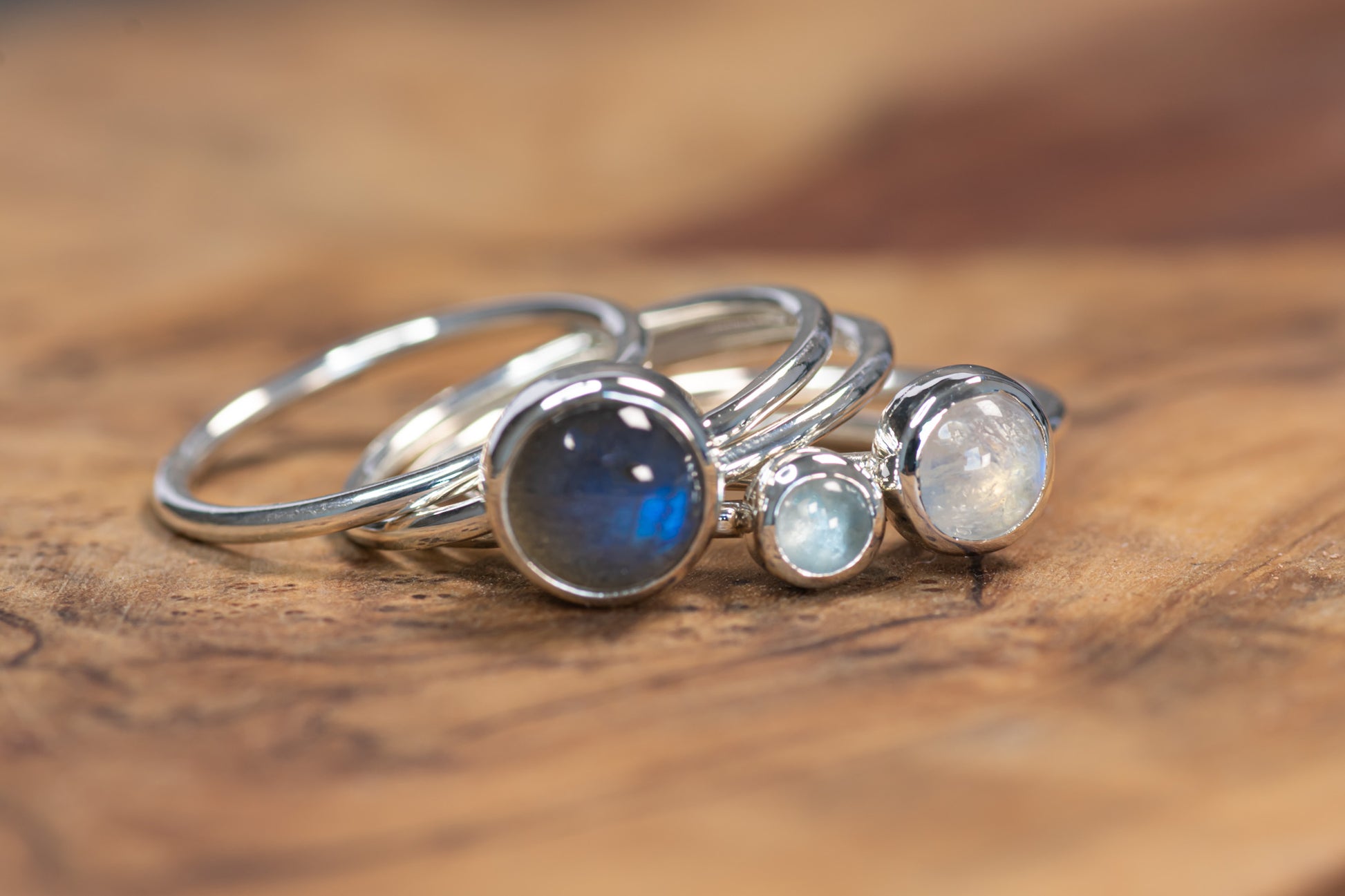Silver Cloud: Aquamarine, Labradorite & Moonstone Stacking Ring Set, Argentium Silver