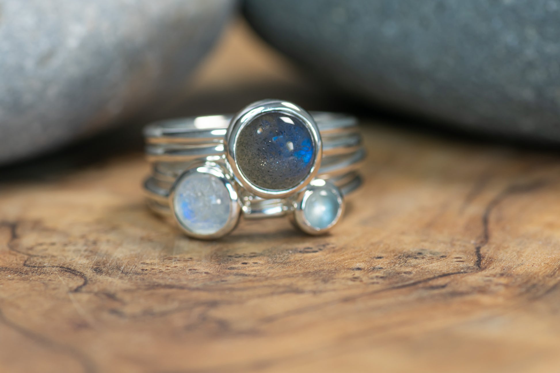 Silver Cloud: Aquamarine, Labradorite & Moonstone Stacking Ring Set, Argentium Silver