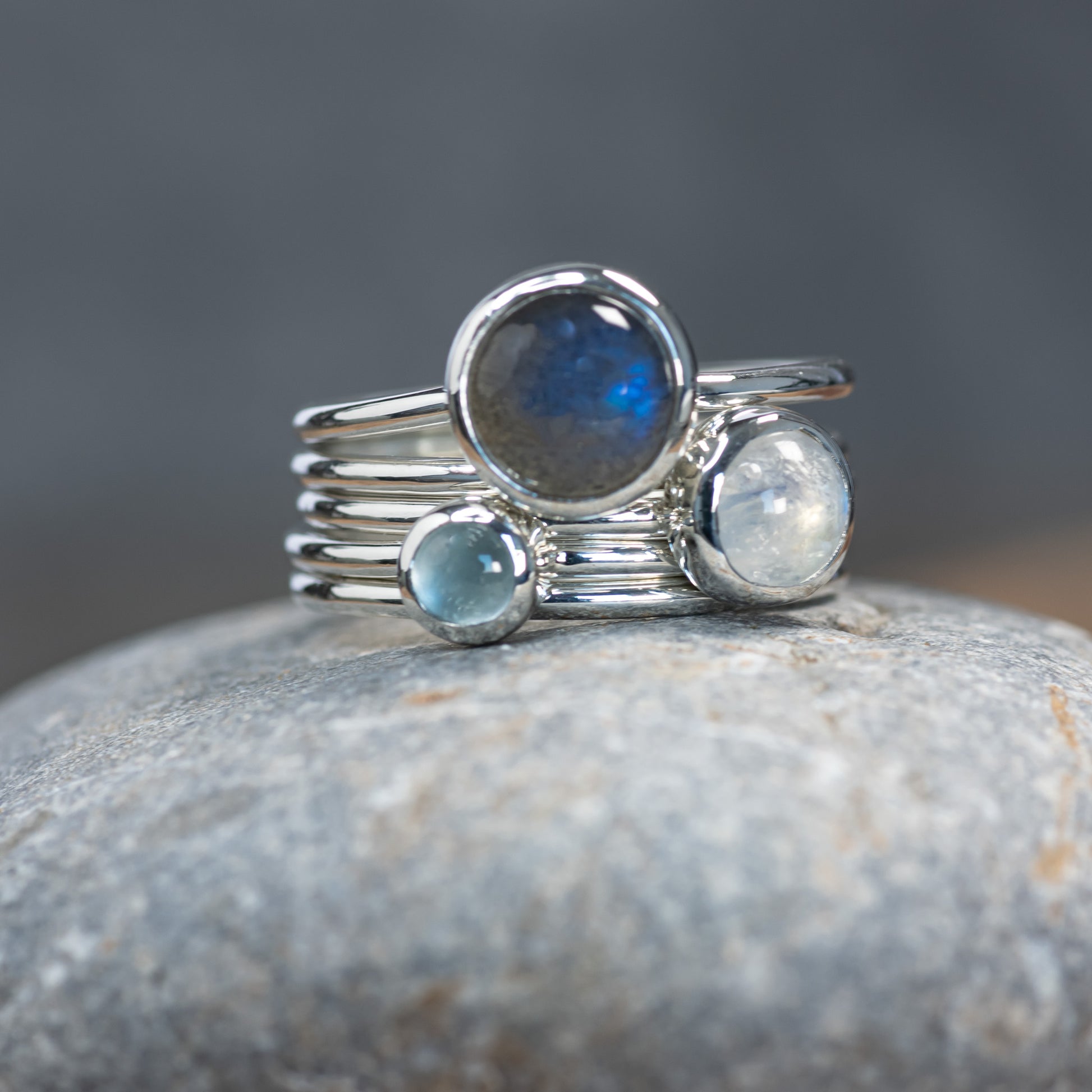 Silver Cloud: Aquamarine, Labradorite & Moonstone Stacking Ring Set, Argentium Silver