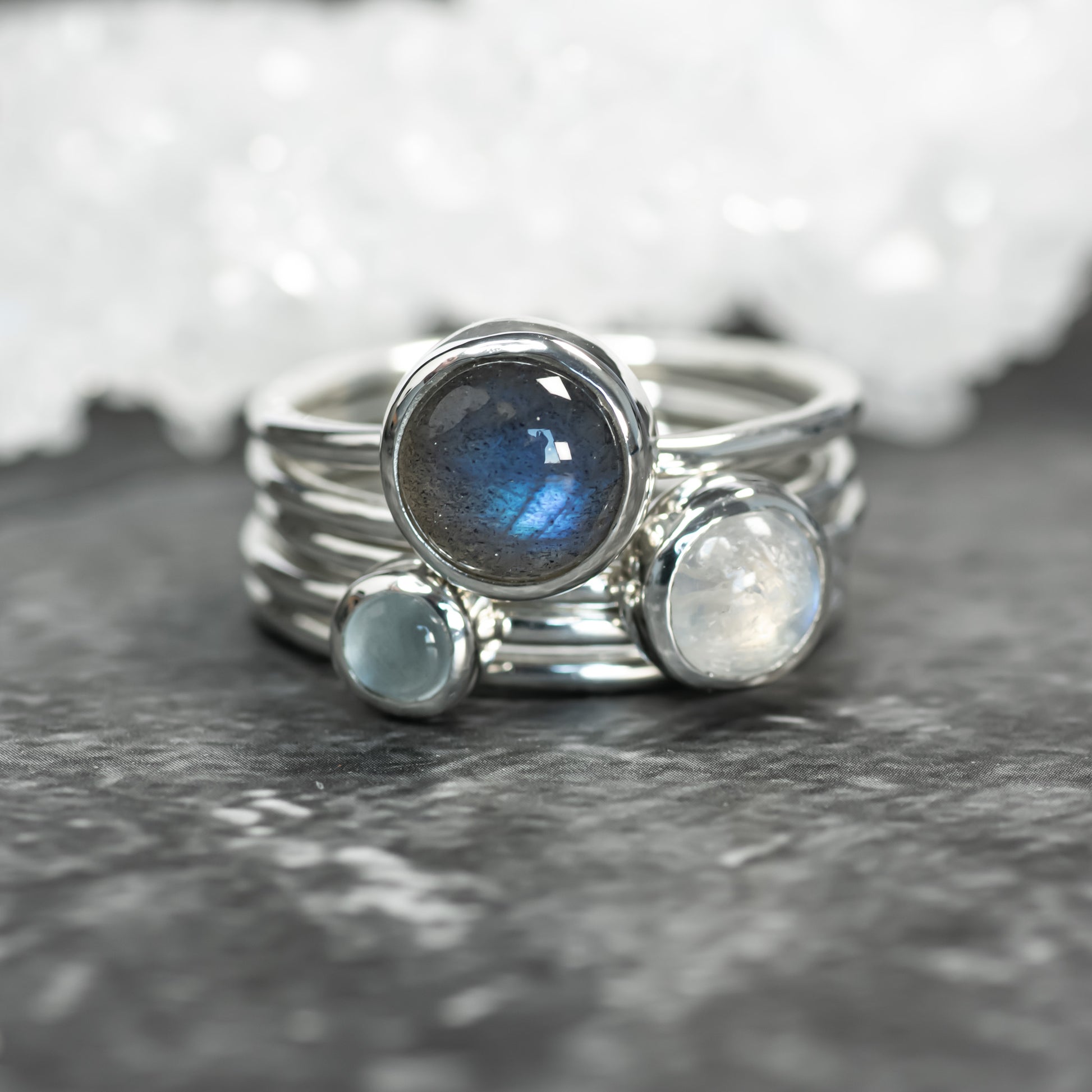 Silver Cloud: Aquamarine, Labradorite & Moonstone Stacking Ring Set, Argentium Silver