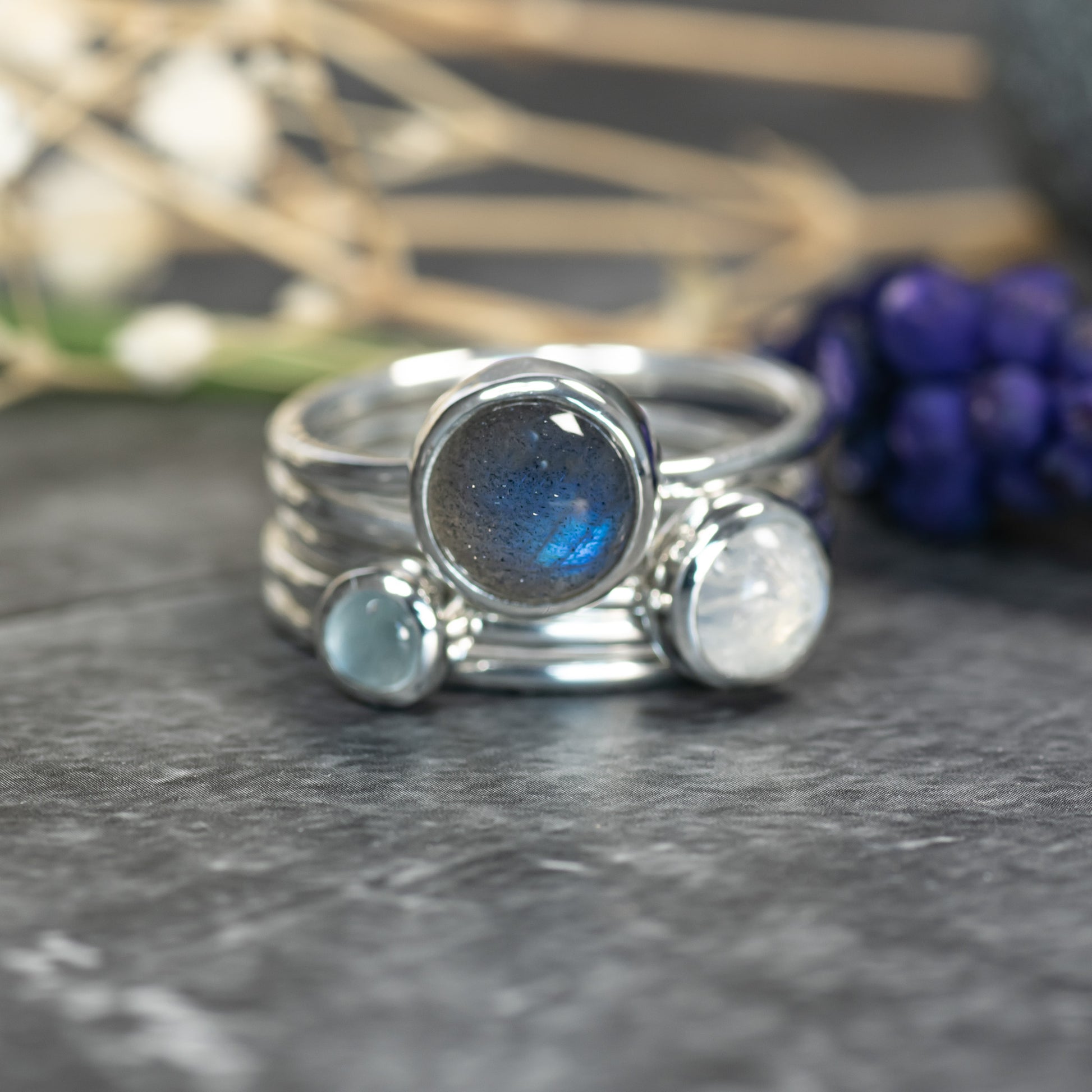 Silver Cloud: Aquamarine, Labradorite & Moonstone Stacking Ring Set, Argentium Silver