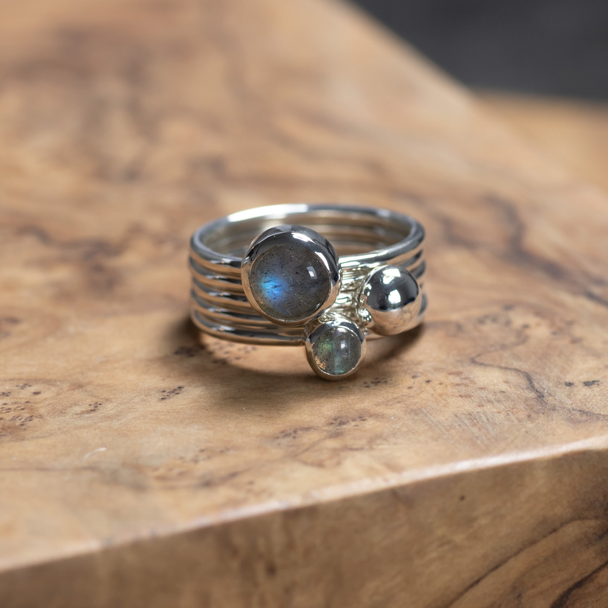 Silver Pebble: Labradorite & Argentium Silver Stacking Ring Set