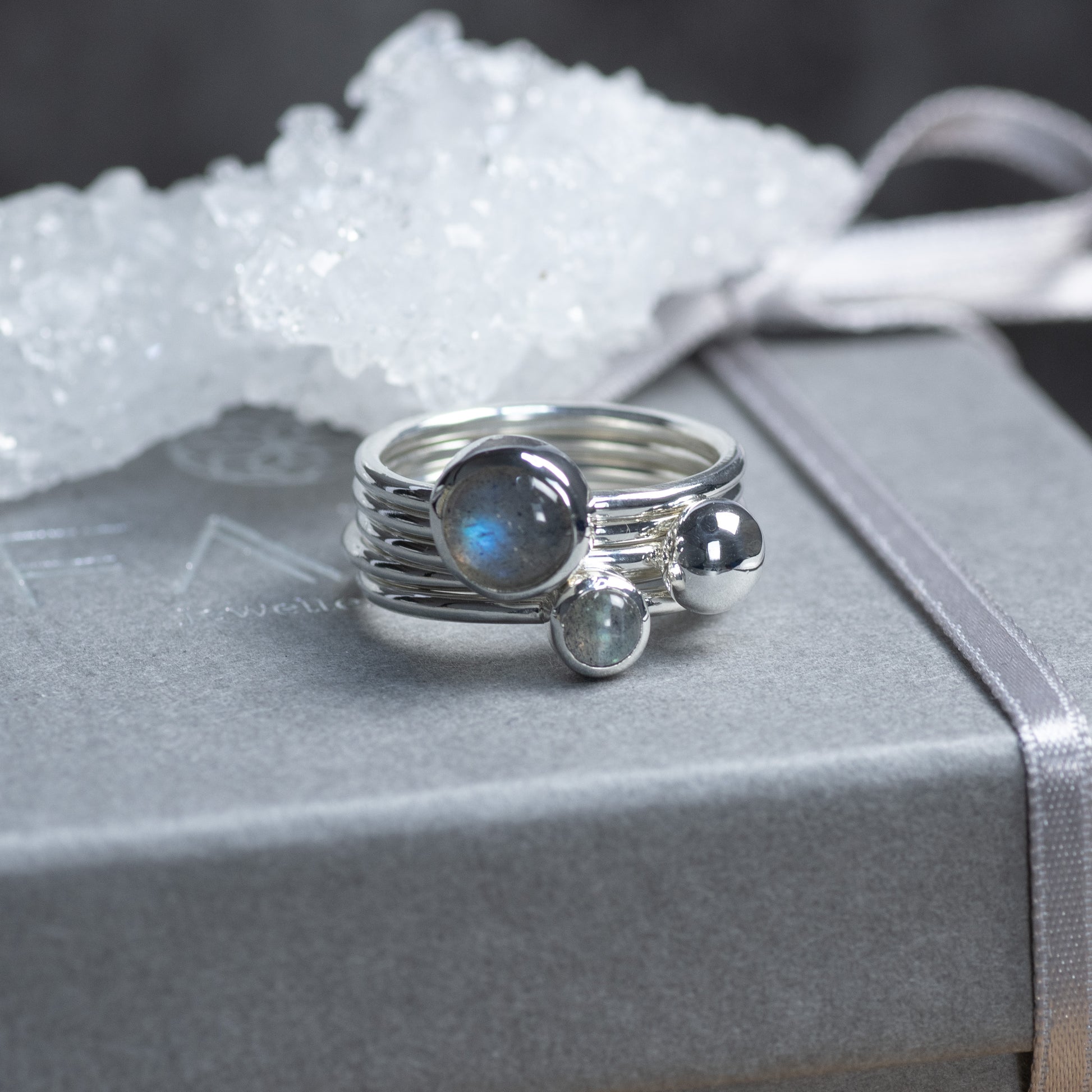 Silver Pebble: Labradorite & Argentium Silver Stacking Ring Set