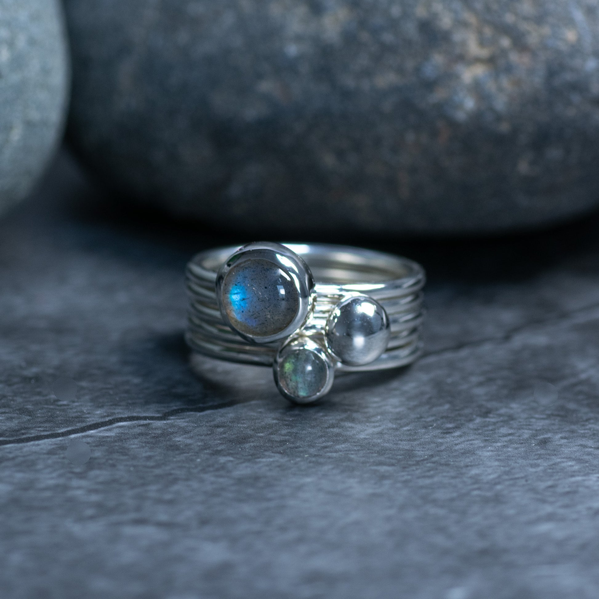 Silver Pebble: Labradorite & Argentium Silver Stacking Ring Set