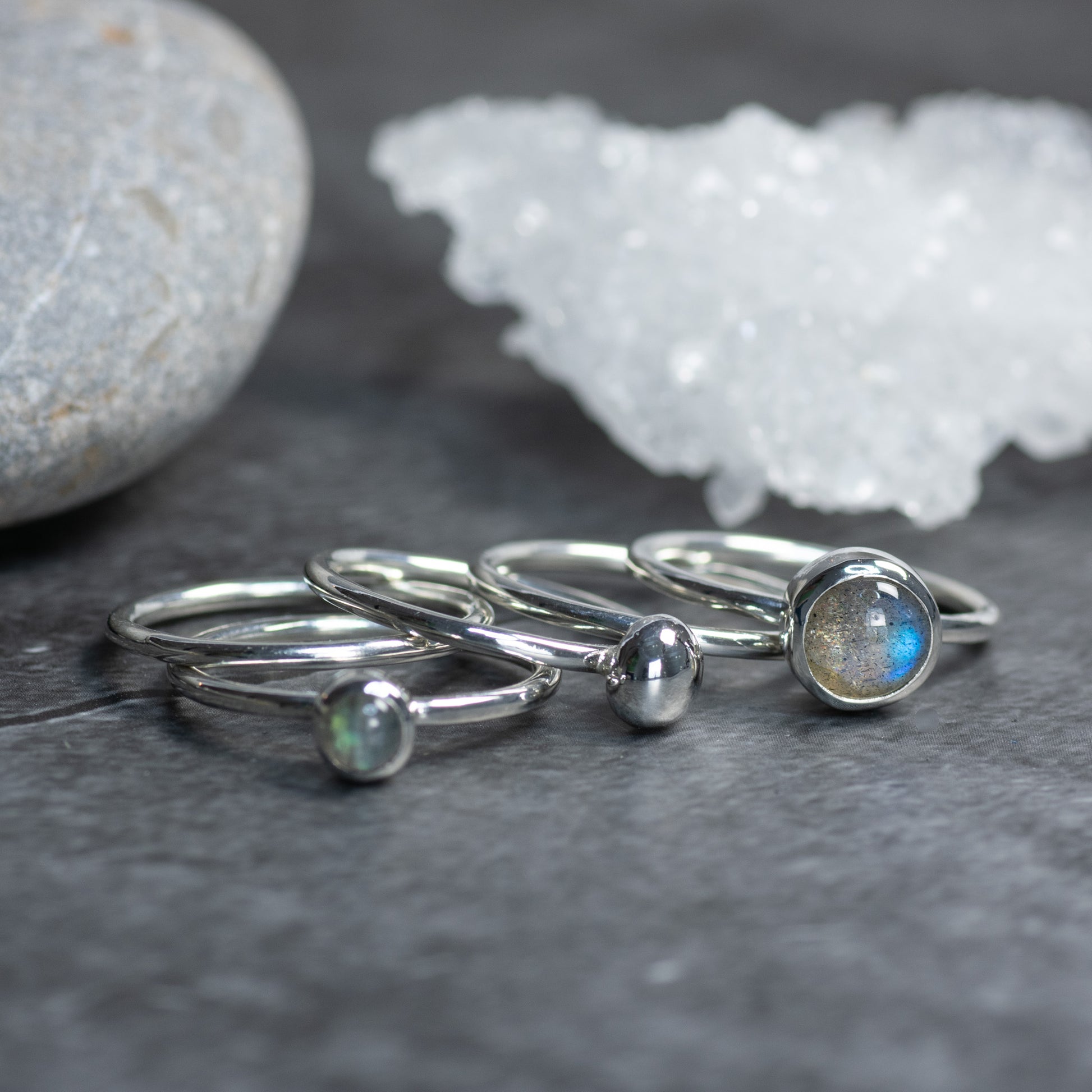 Silver Pebble: Labradorite & Argentium Silver Stacking Ring Set