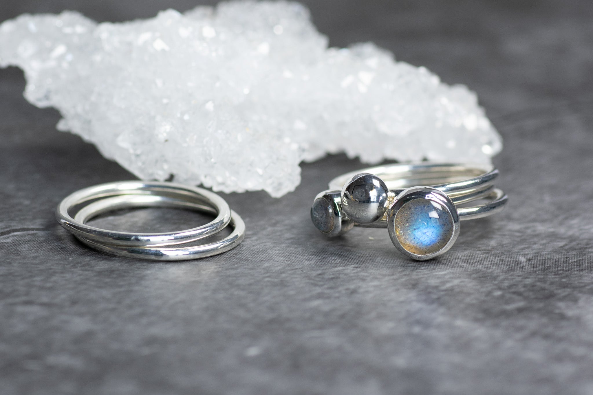 Silver Pebble: Labradorite & Argentium Silver Stacking Ring Set