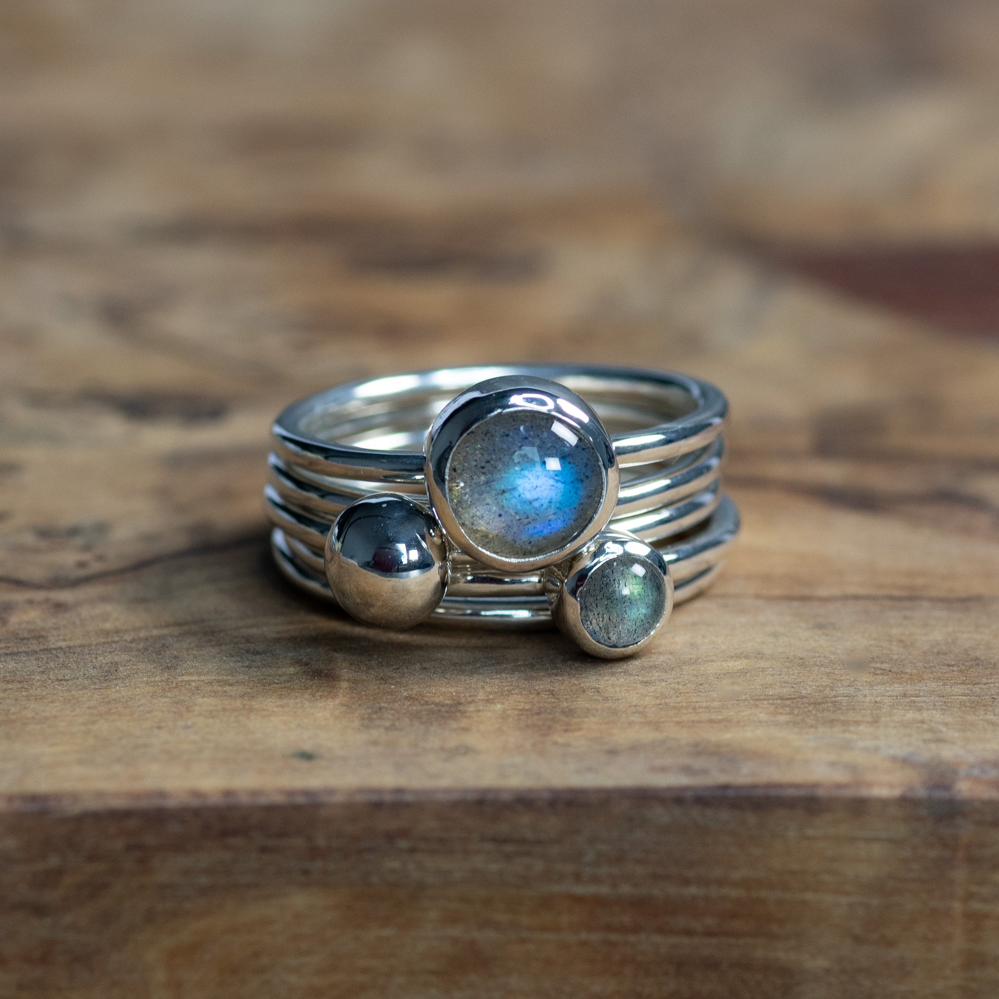 Silver Pebble: Labradorite & Argentium Silver Stacking Ring Set