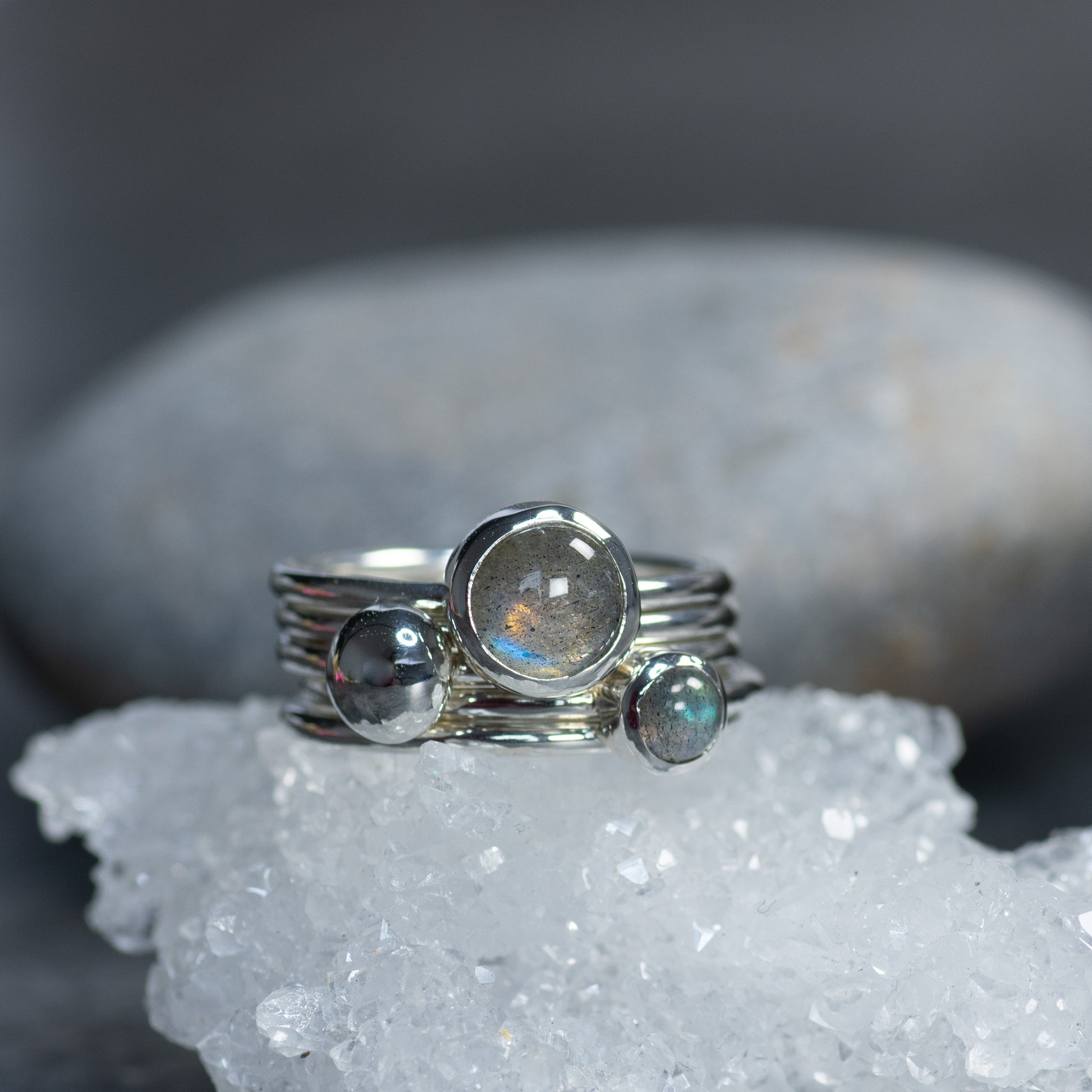 Silver Pebble: Labradorite & Argentium Silver Stacking Ring Set