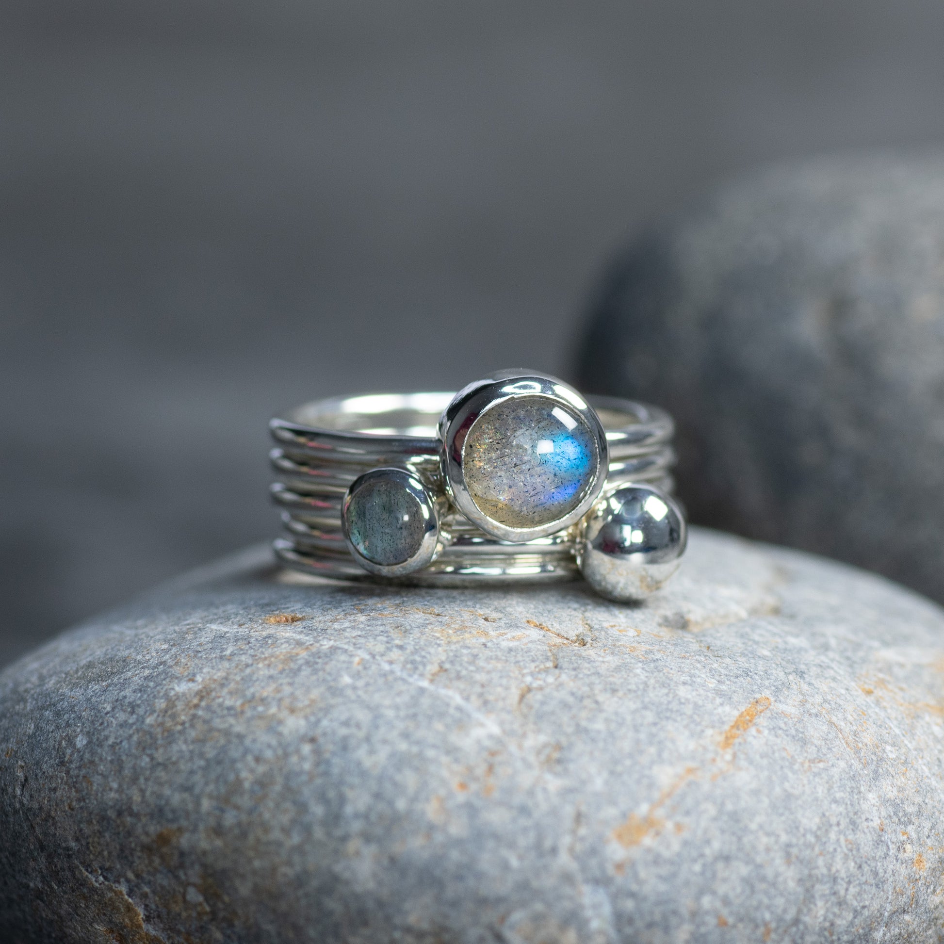 Silver Pebble: Labradorite & Argentium Silver Stacking Ring Set