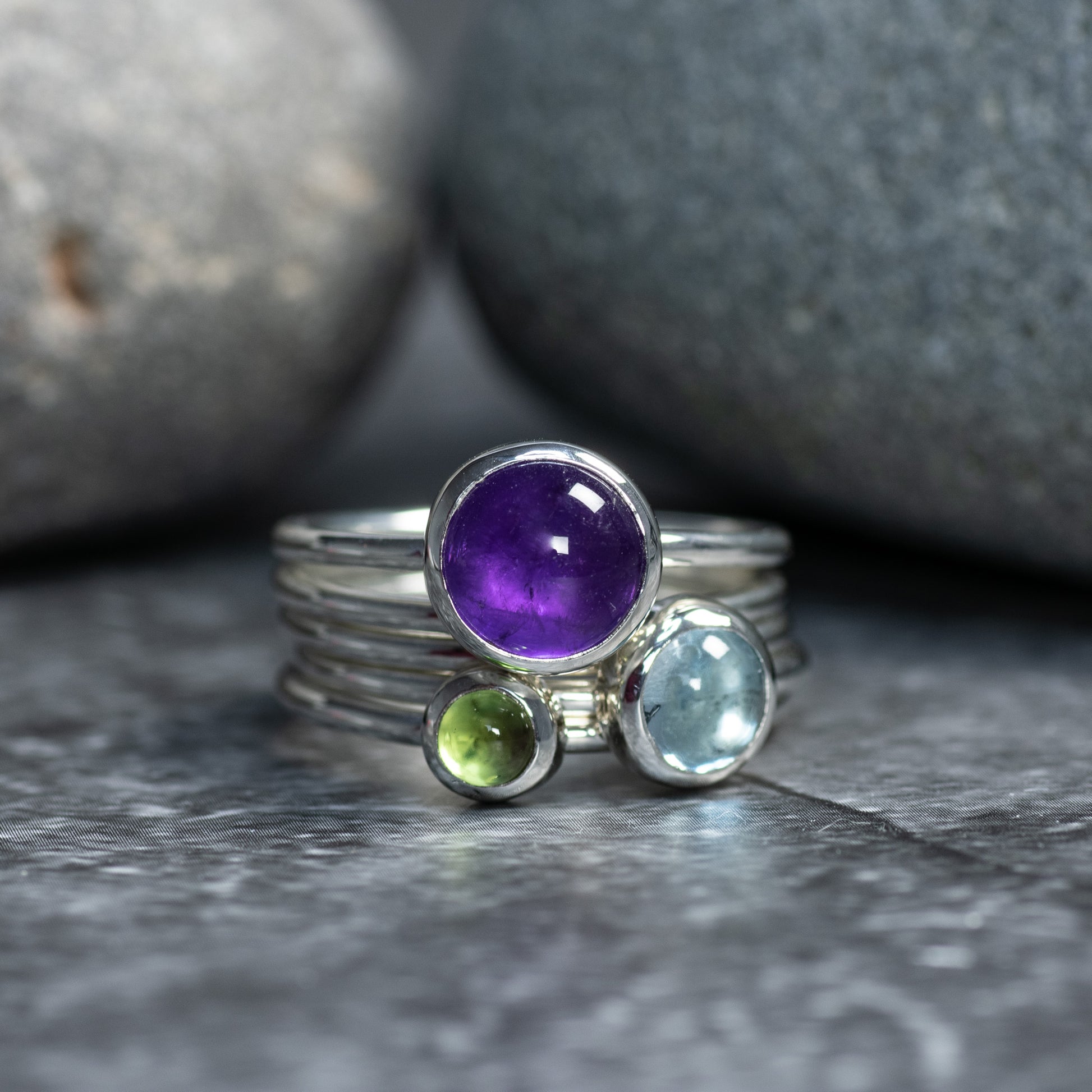 Silver Glade: Amethyst, Blue Topaz & Peridot Stacking Ring Set, Argentium Silver