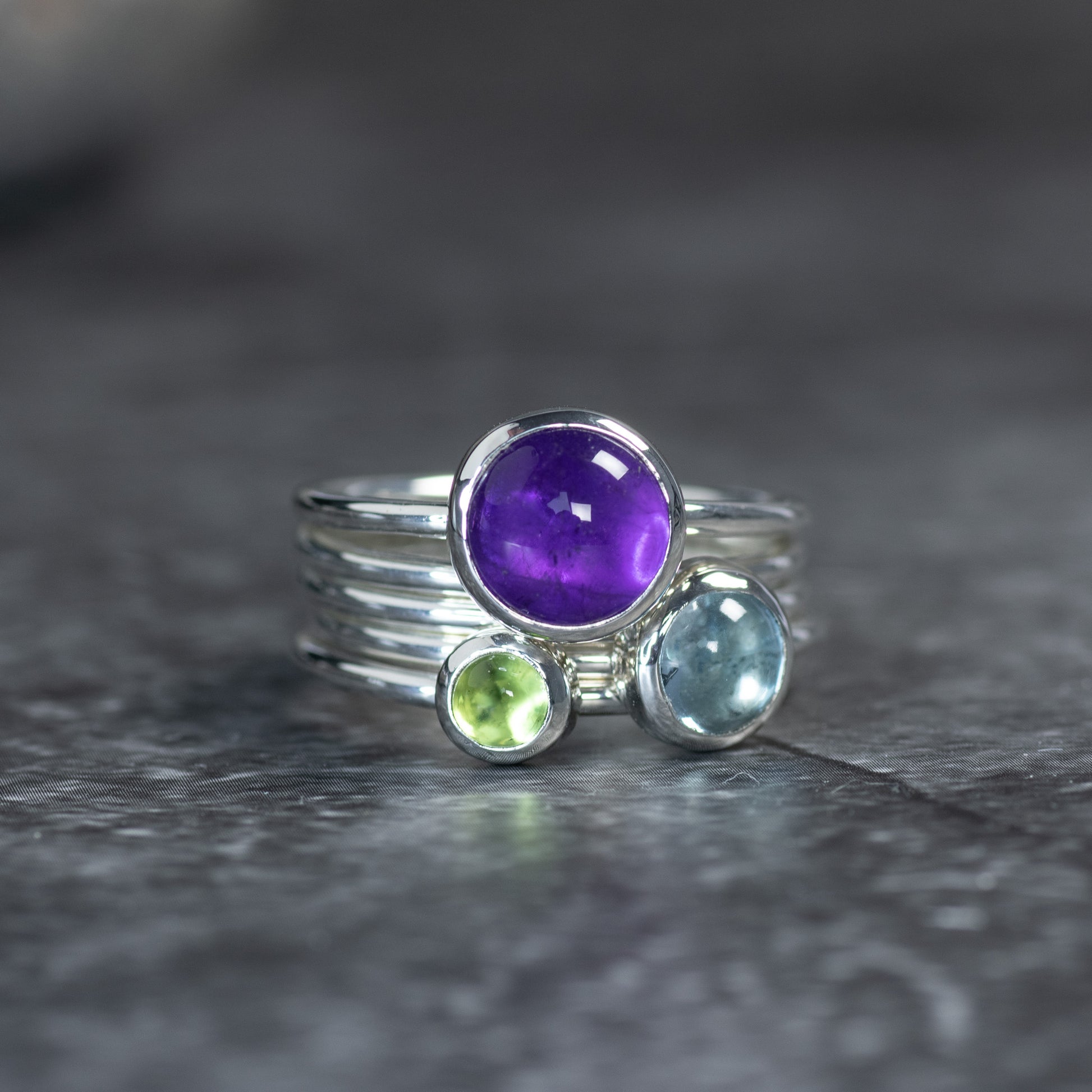 Silver Glade: Amethyst, Blue Topaz & Peridot Stacking Ring Set, Argentium Silver